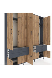 Arges Dolap 11 Raflı 4 Çekmeceli 2 Askılı 220x30x243 Antrasit-Çam/Antrasit