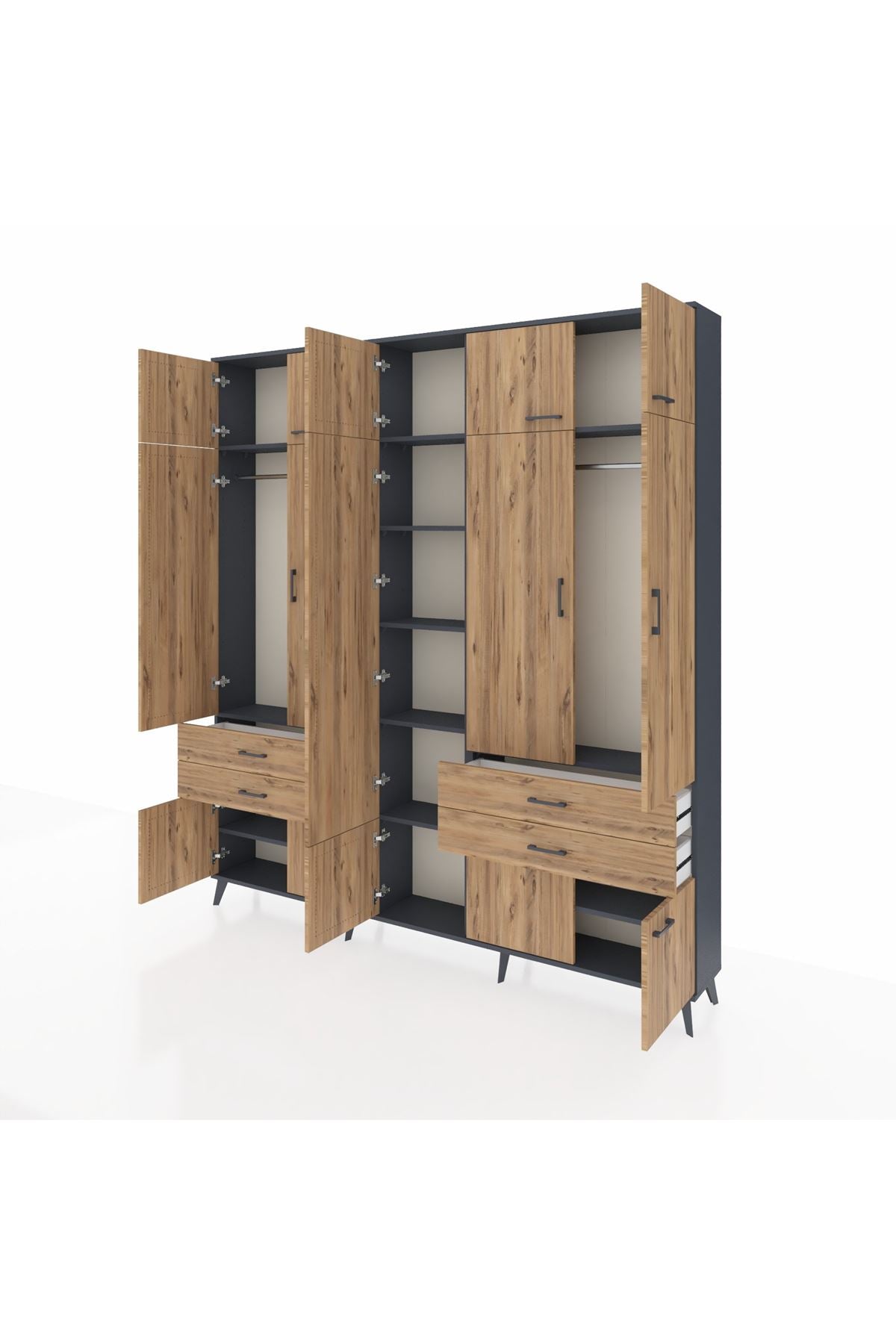 Arges Gardrop 11 Raflı 4 Çekmeceli 2 Askılı 220x30x243 Antrasit-Çam