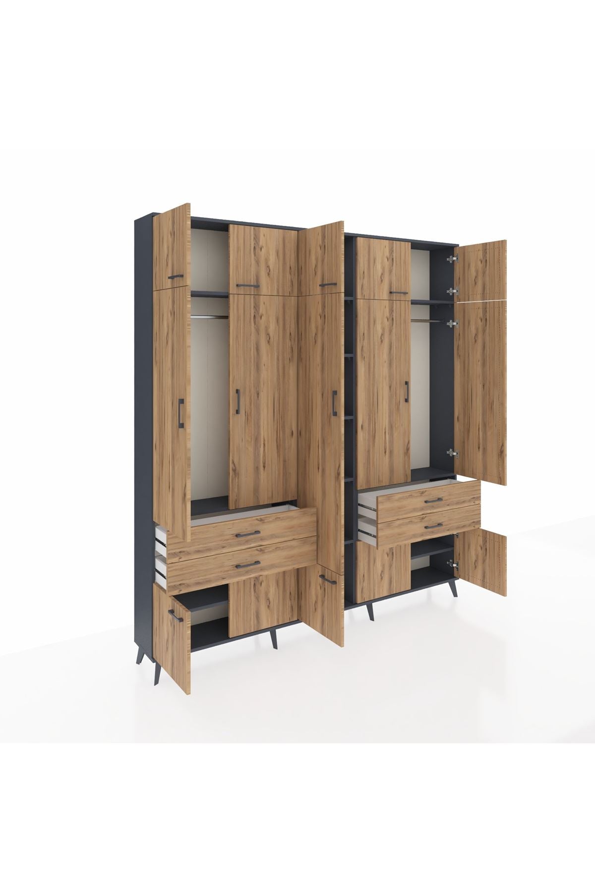 Arges Gardrop 11 Raflı 4 Çekmeceli 2 Askılı 220x30x243 Antrasit-Çam