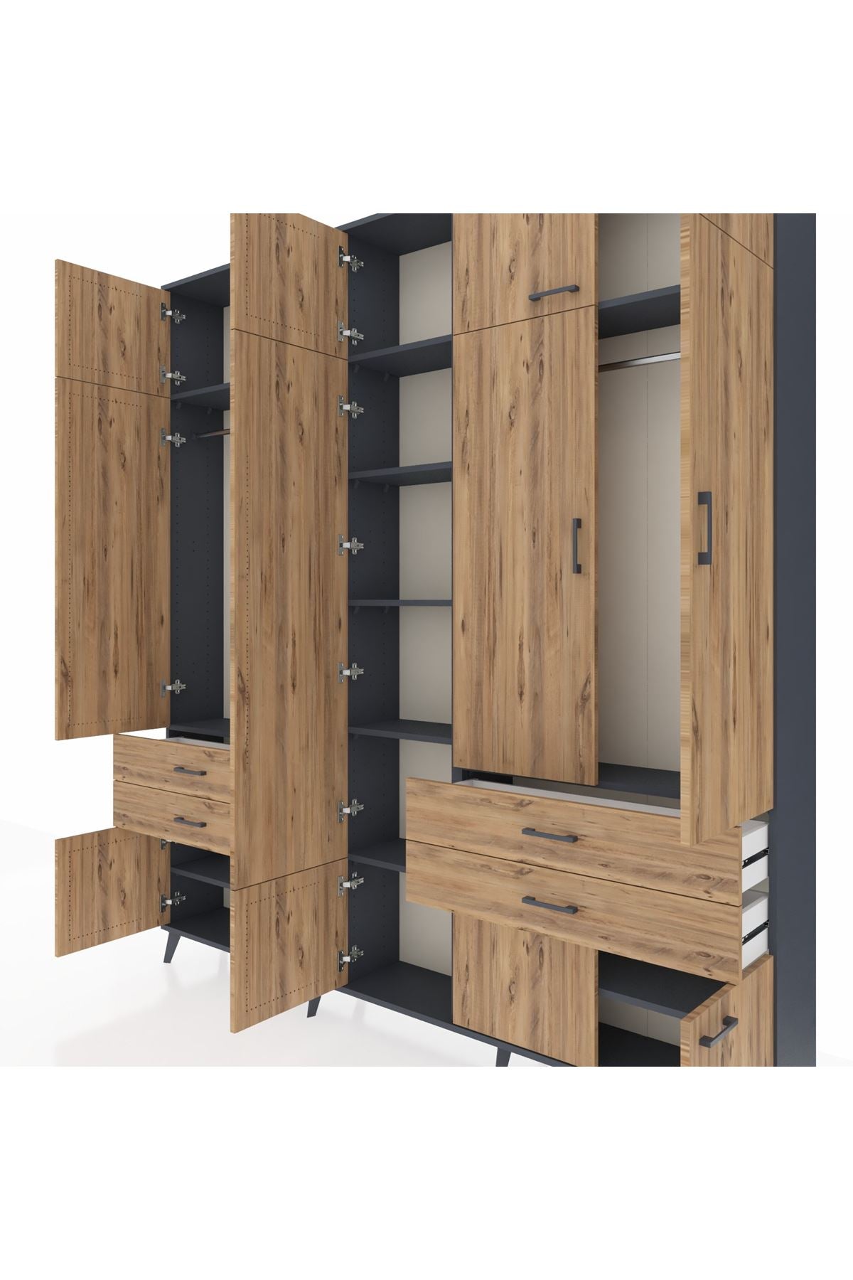 Arges Gardrop 11 Raflı 4 Çekmeceli 2 Askılı 220x30x243 Antrasit-Çam