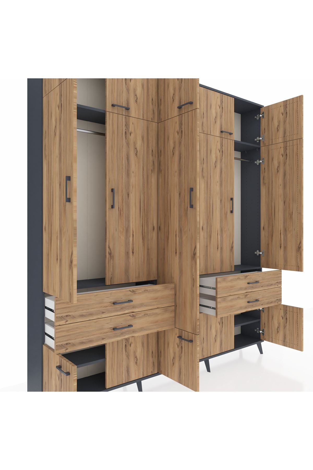 Arges Gardrop 11 Raflı 4 Çekmeceli 2 Askılı 220x30x243 Antrasit-Çam