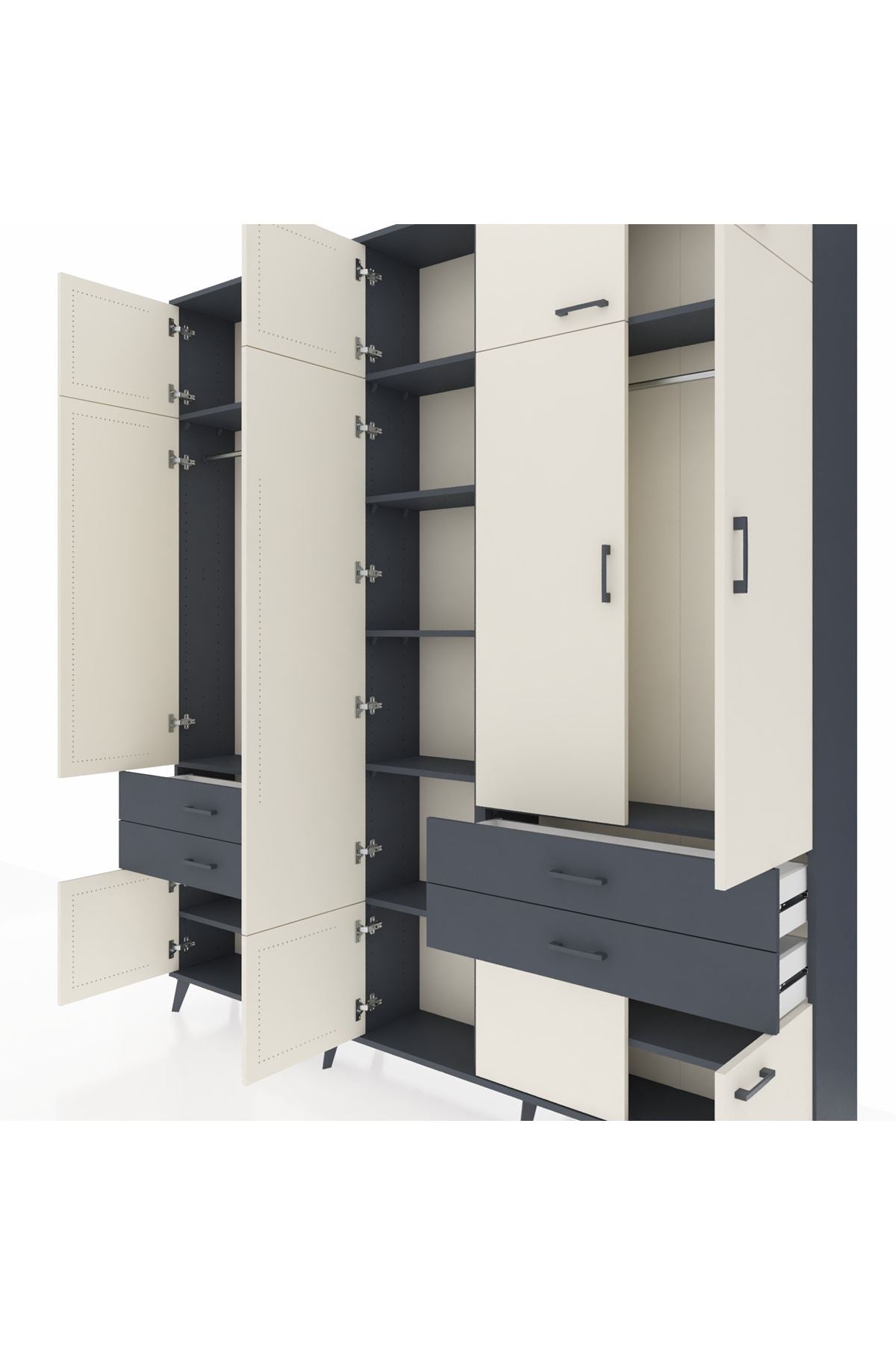 Arges Dolap 11 Raflı 4 Çekmeceli 2 Askılı 220x30x243 Antrasit-Aytaşı/Antrasit