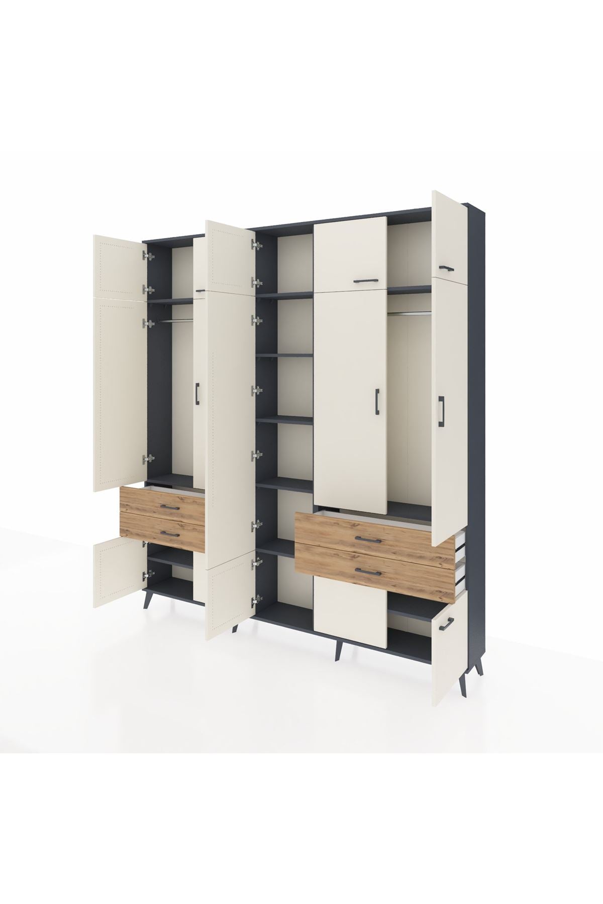 Arges Dolap 11 Raflı 4 Çekmeceli 2 Askılı 220x30x243 Antrasit-Aytaşı/Çam