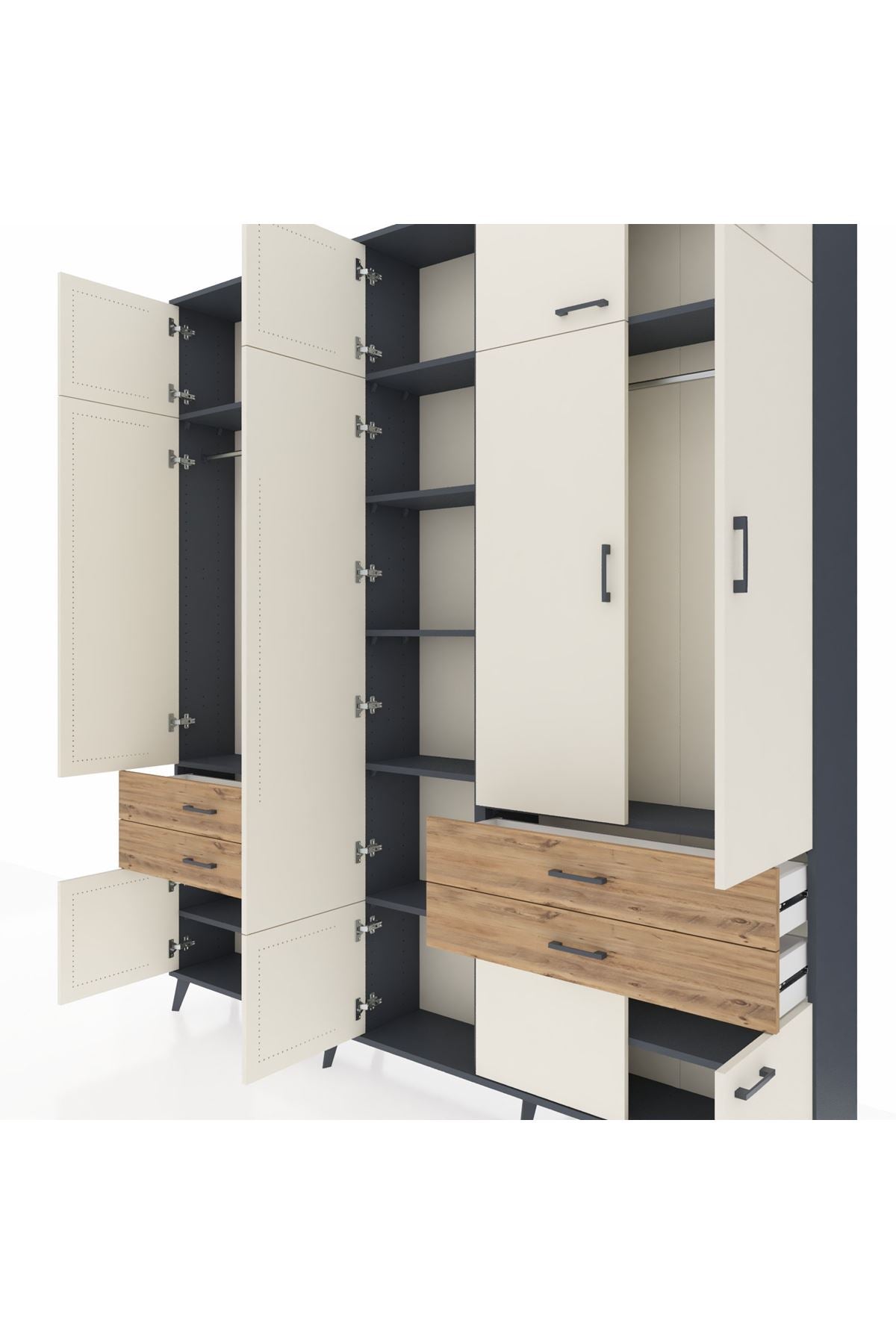 Arges Dolap 11 Raflı 4 Çekmeceli 2 Askılı 220x30x243 Antrasit-Aytaşı/Çam