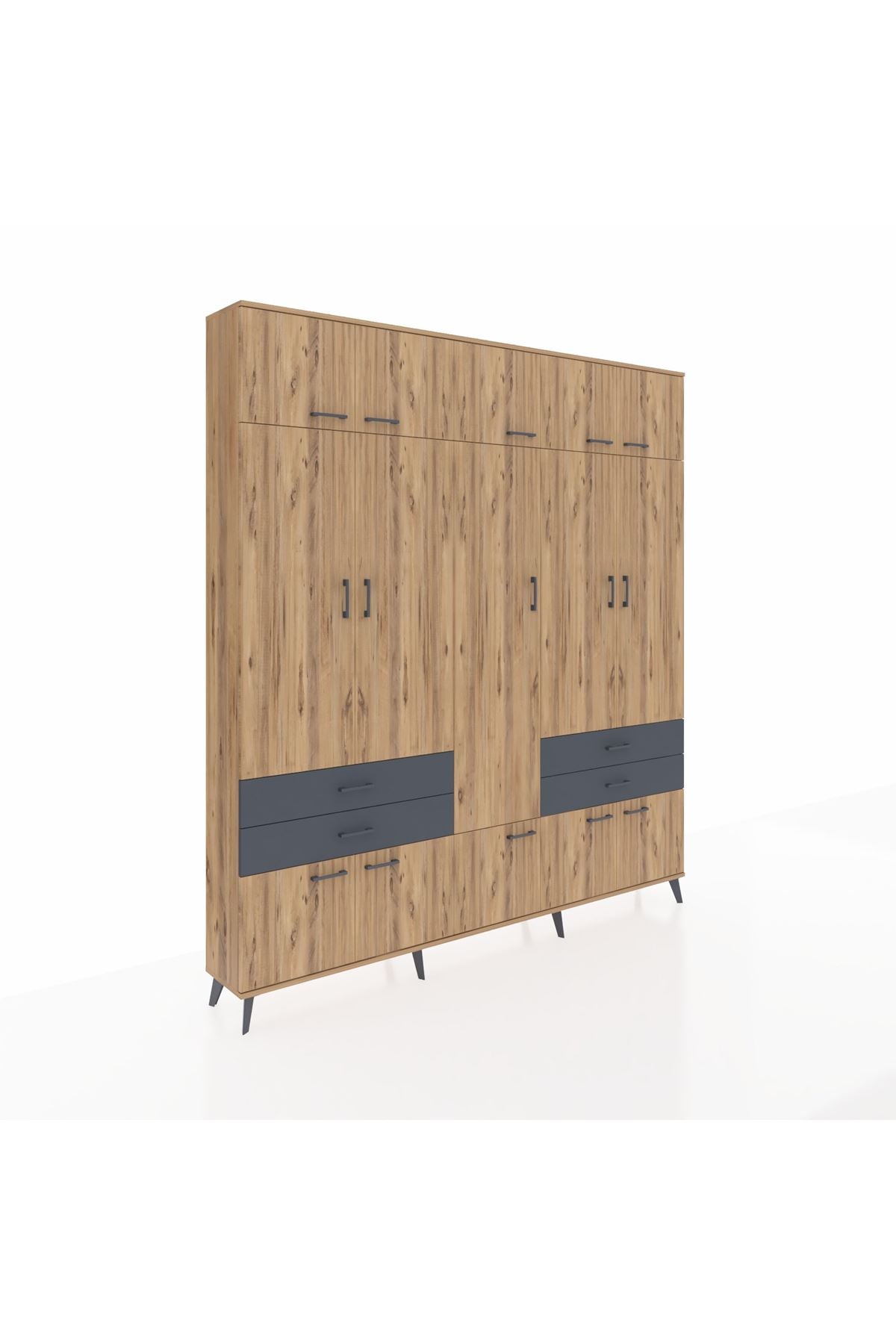 Arges Dolap 11 Raflı 4 Çekmeceli 2 Askılı 220x30x243 Çam-Çam/Antrasit