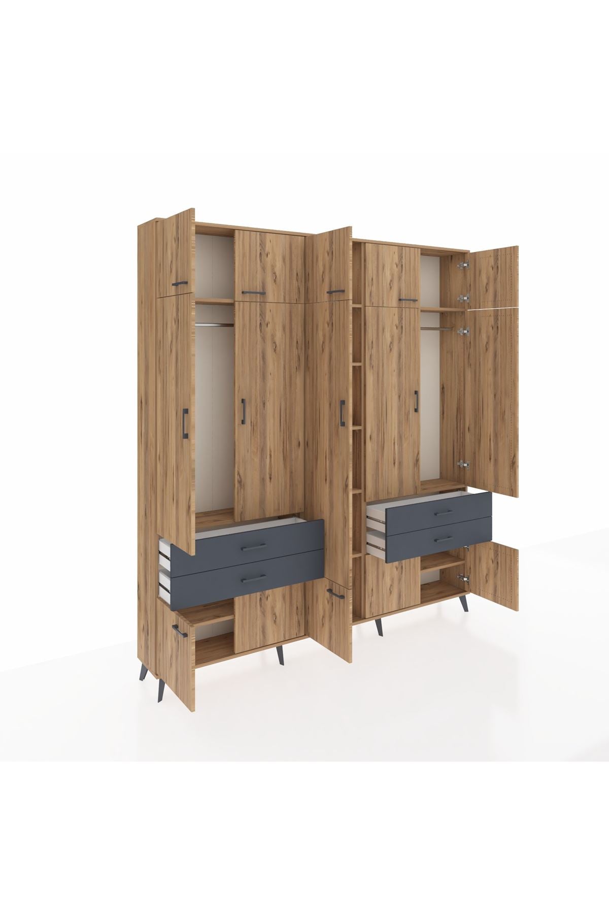 Arges Dolap 11 Raflı 4 Çekmeceli 2 Askılı 220x30x243 Çam-Çam/Antrasit