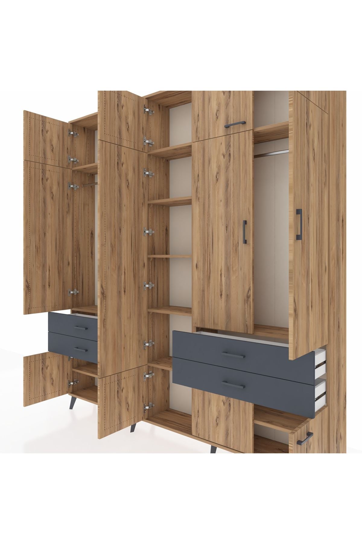 Arges Dolap 11 Raflı 4 Çekmeceli 2 Askılı 220x30x243 Çam-Çam/Antrasit