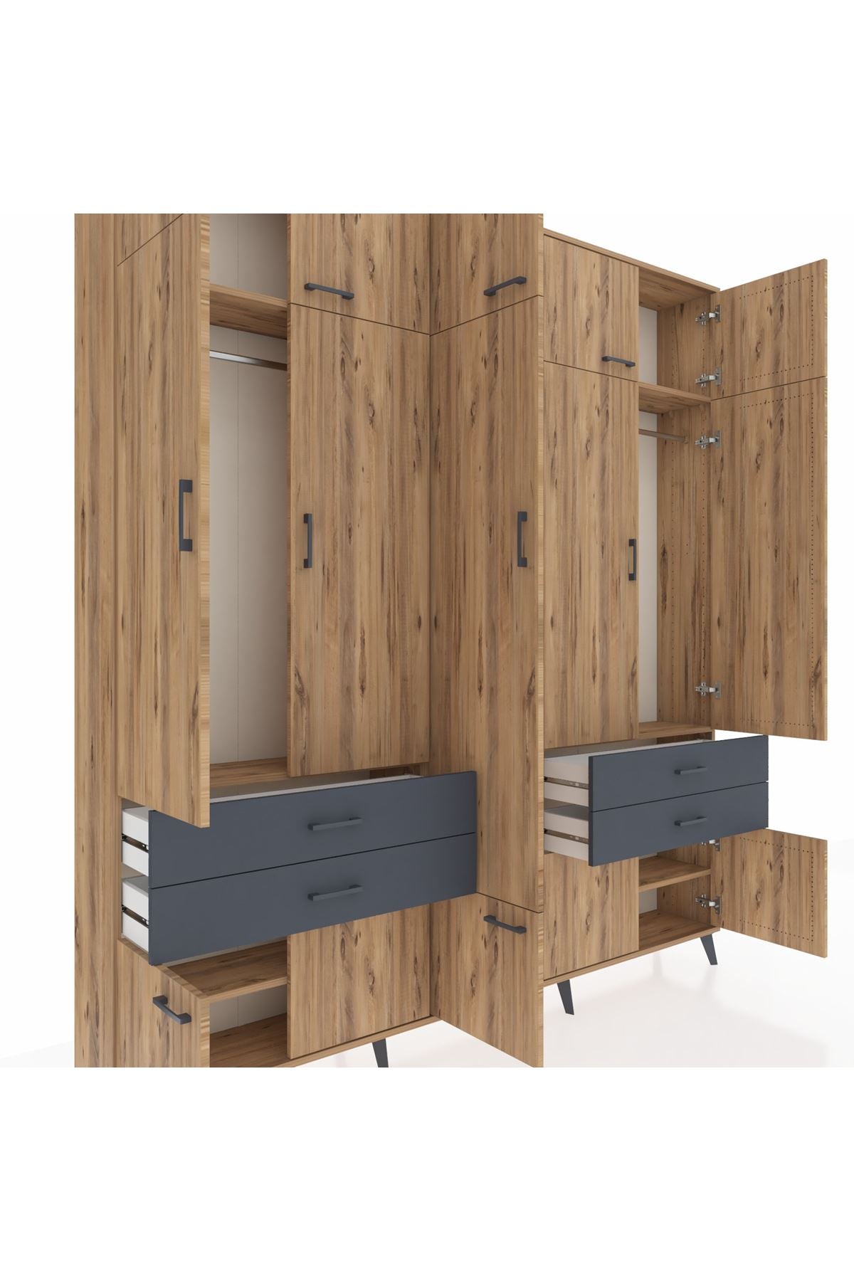 Arges Dolap 11 Raflı 4 Çekmeceli 2 Askılı 220x30x243 Çam-Çam/Antrasit