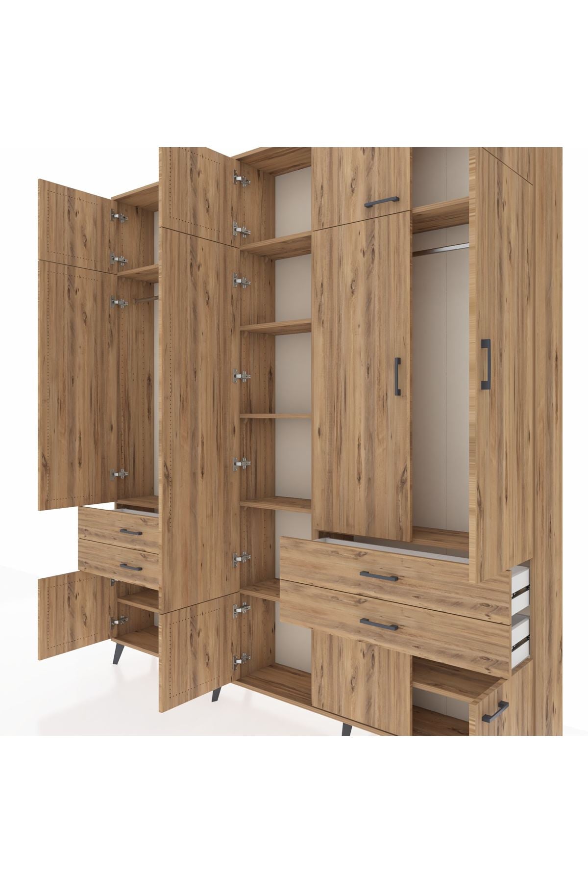 Arges Gardrop 11 Raflı 4 Çekmeceli 2 Askılı 220x30x243 Çam-Çam