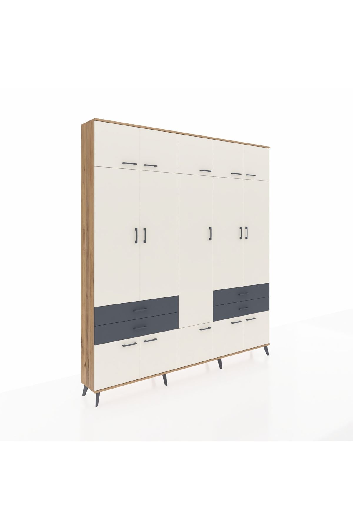 Arges Dolap 11 Raflı 4 Çekmeceli 2 Askılı 220x30x243 Çam-Aytaşı/Antrasit