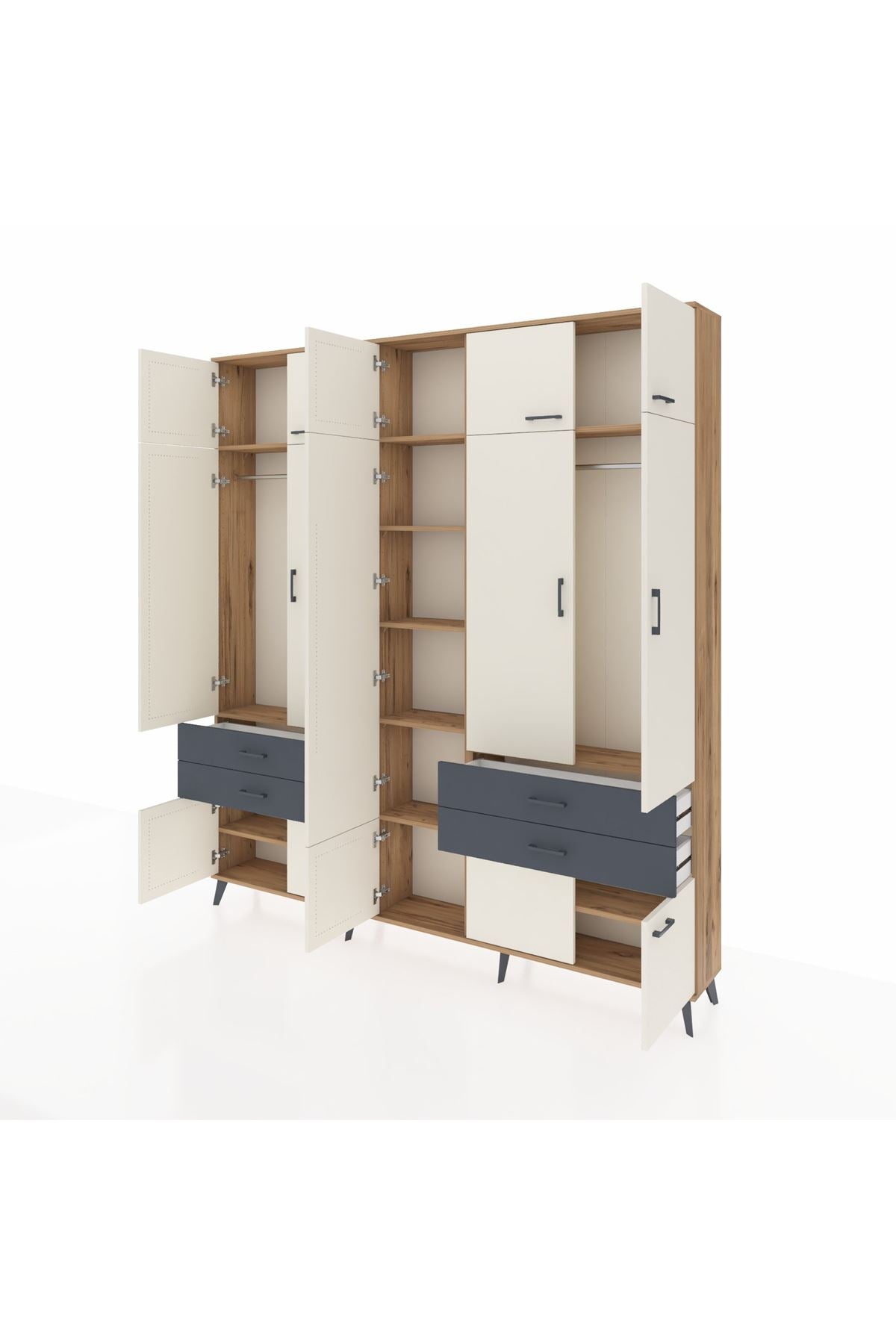 Arges Dolap 11 Raflı 4 Çekmeceli 2 Askılı 220x30x243 Çam-Aytaşı/Antrasit