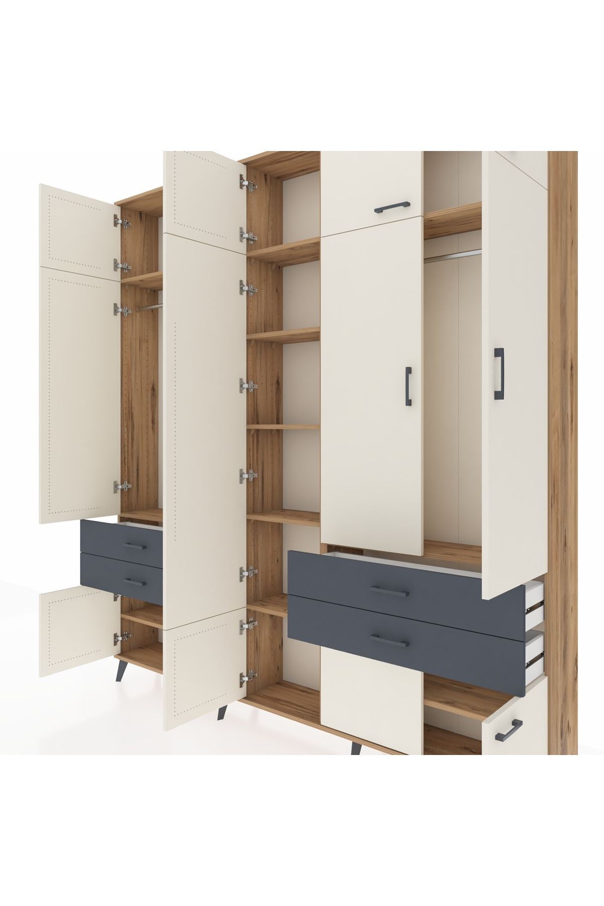 Arges Dolap 11 Raflı 4 Çekmeceli 2 Askılı 220x30x243 Çam-Aytaşı/Antrasit