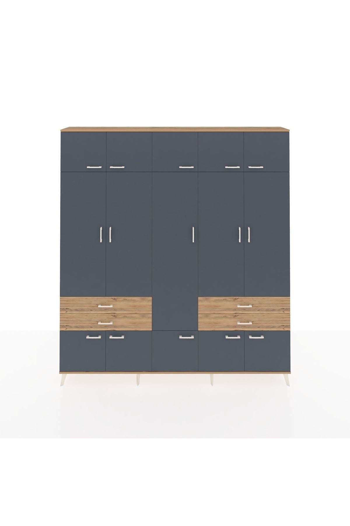 Arges Dolap 11 Raflı 4 Çekmeceli 2 Askılı 220x30x243 Çam-Antrasit/Çam