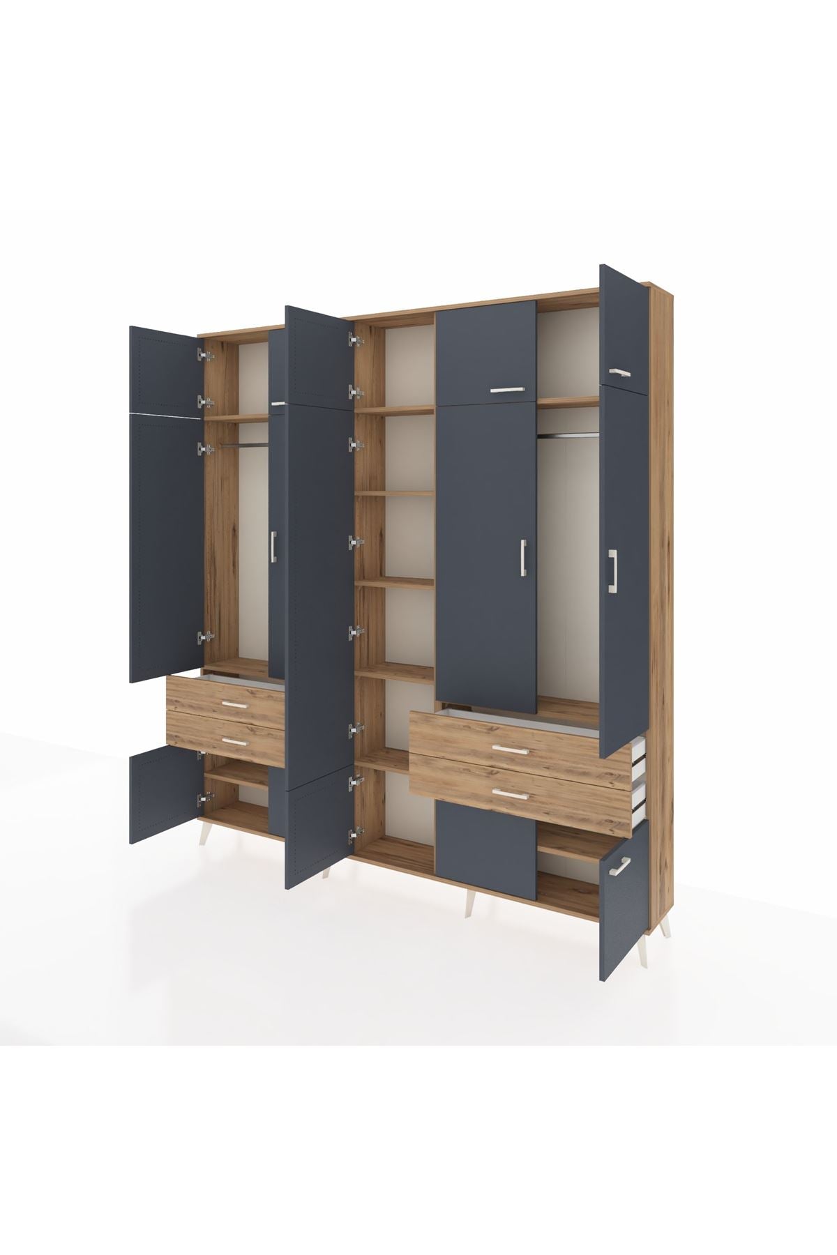 Arges Dolap 11 Raflı 4 Çekmeceli 2 Askılı 220x30x243 Çam-Antrasit/Çam