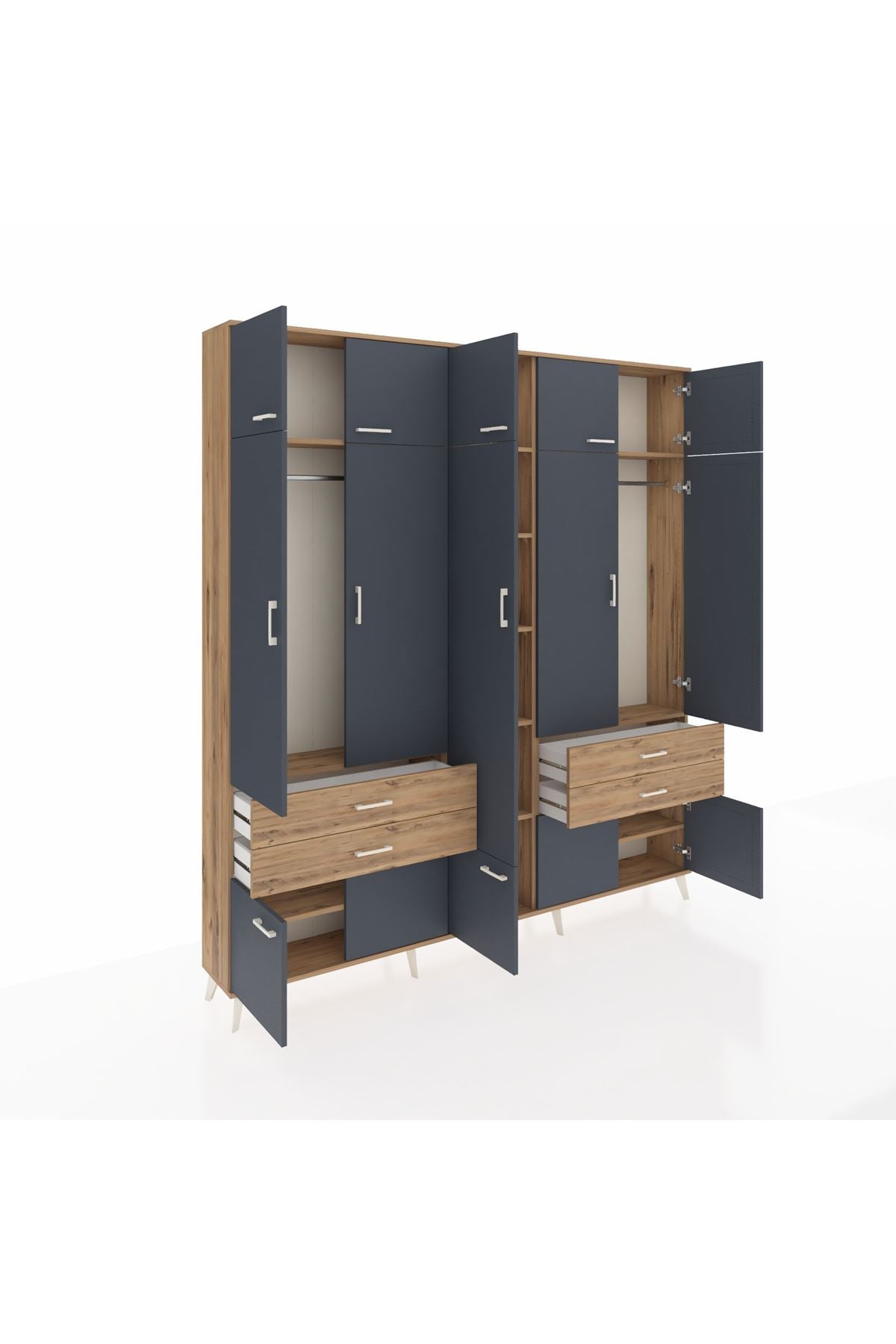 Arges Dolap 11 Raflı 4 Çekmeceli 2 Askılı 220x30x243 Çam-Antrasit/Çam