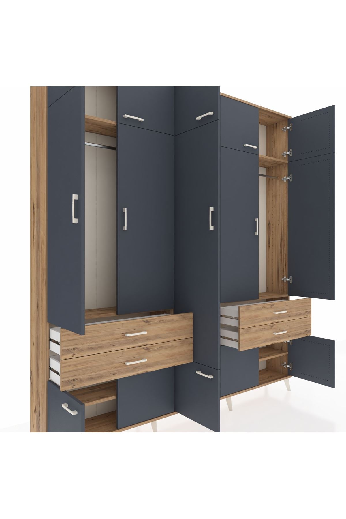 Arges Dolap 11 Raflı 4 Çekmeceli 2 Askılı 220x30x243 Çam-Antrasit/Çam