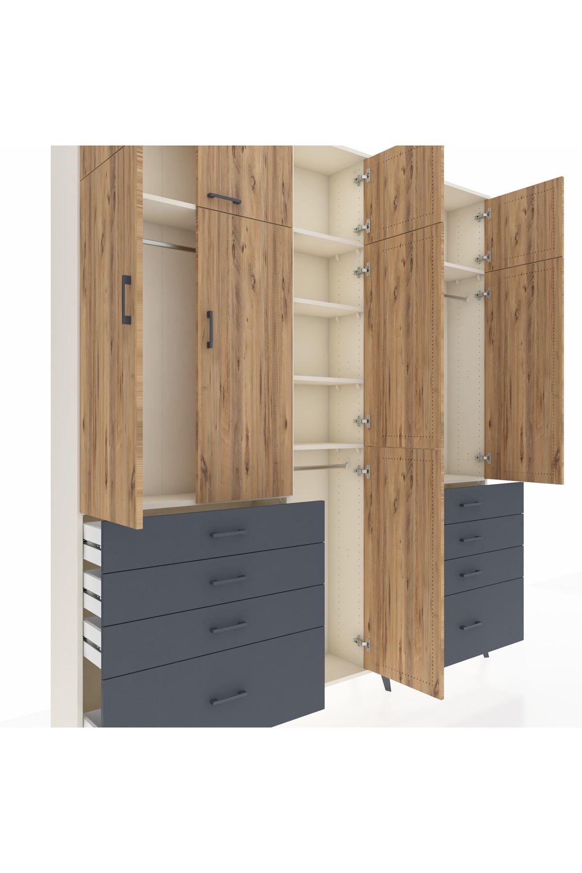 Arges Dolap 8 Raflı 8 Çekmeceli 3 Askılı 220x30x243 Aytaşı-Çam/Antrasit