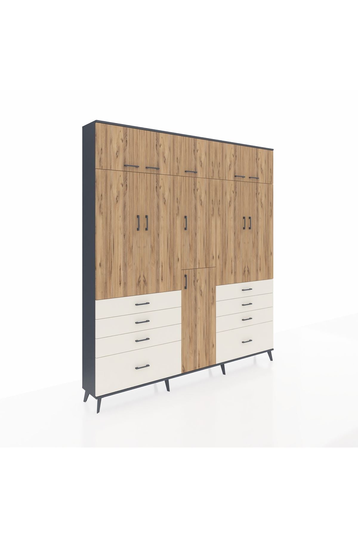 Arges Dolap 8 Raflı 8 Çekmeceli 3 Askılı 220x30x243 Antrasit-Çam/Aytaşı