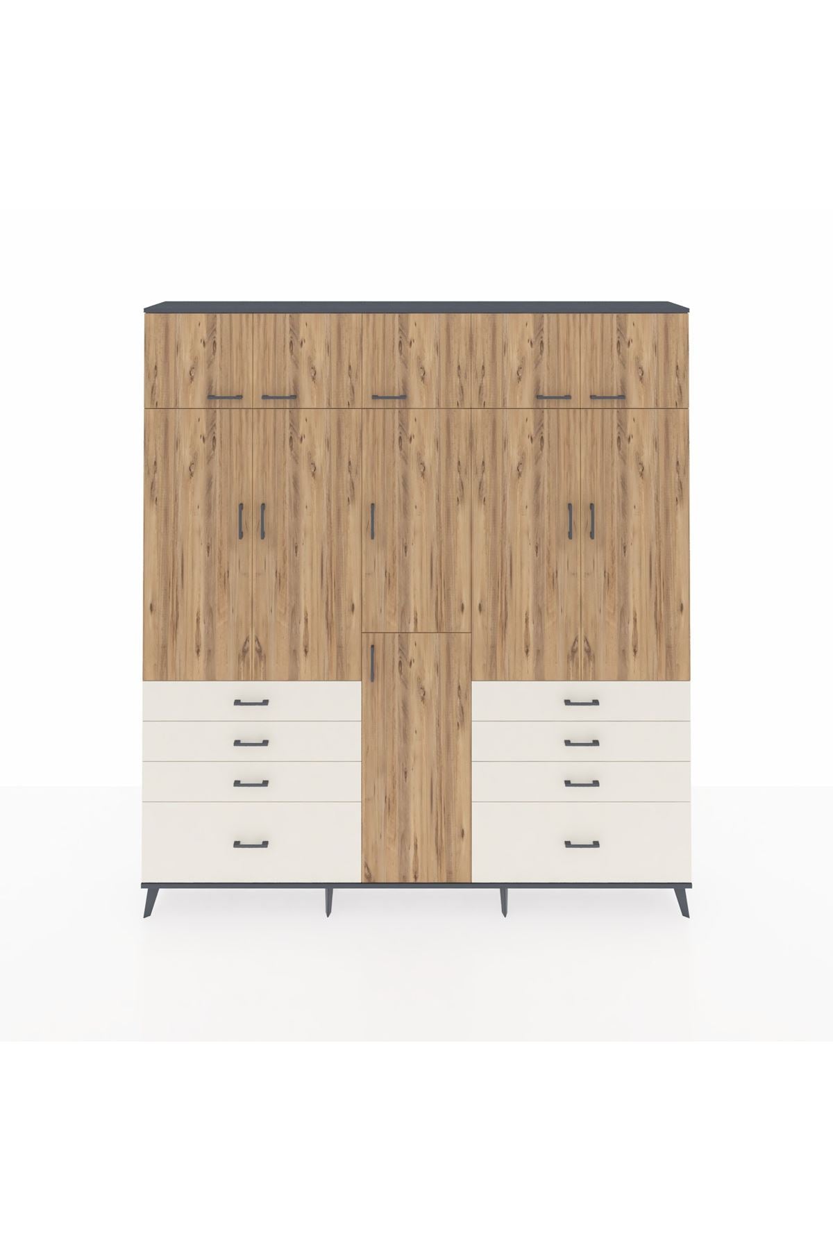 Arges Dolap 8 Raflı 8 Çekmeceli 3 Askılı 220x30x243 Antrasit-Çam/Aytaşı