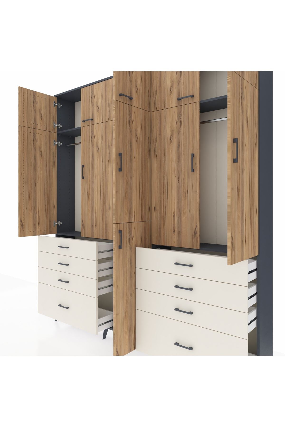 Arges Dolap 8 Raflı 8 Çekmeceli 3 Askılı 220x30x243 Antrasit-Çam/Aytaşı