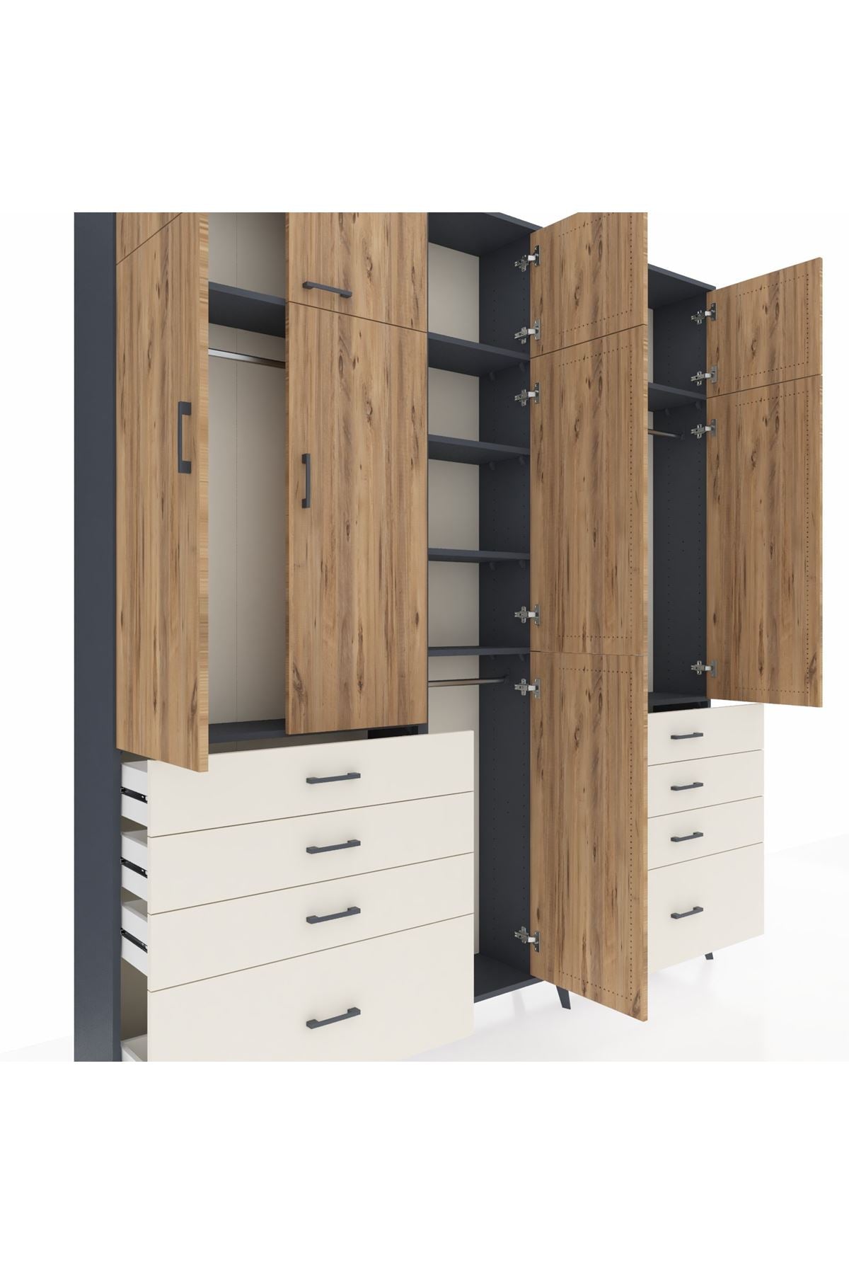 Arges Dolap 8 Raflı 8 Çekmeceli 3 Askılı 220x30x243 Antrasit-Çam/Aytaşı