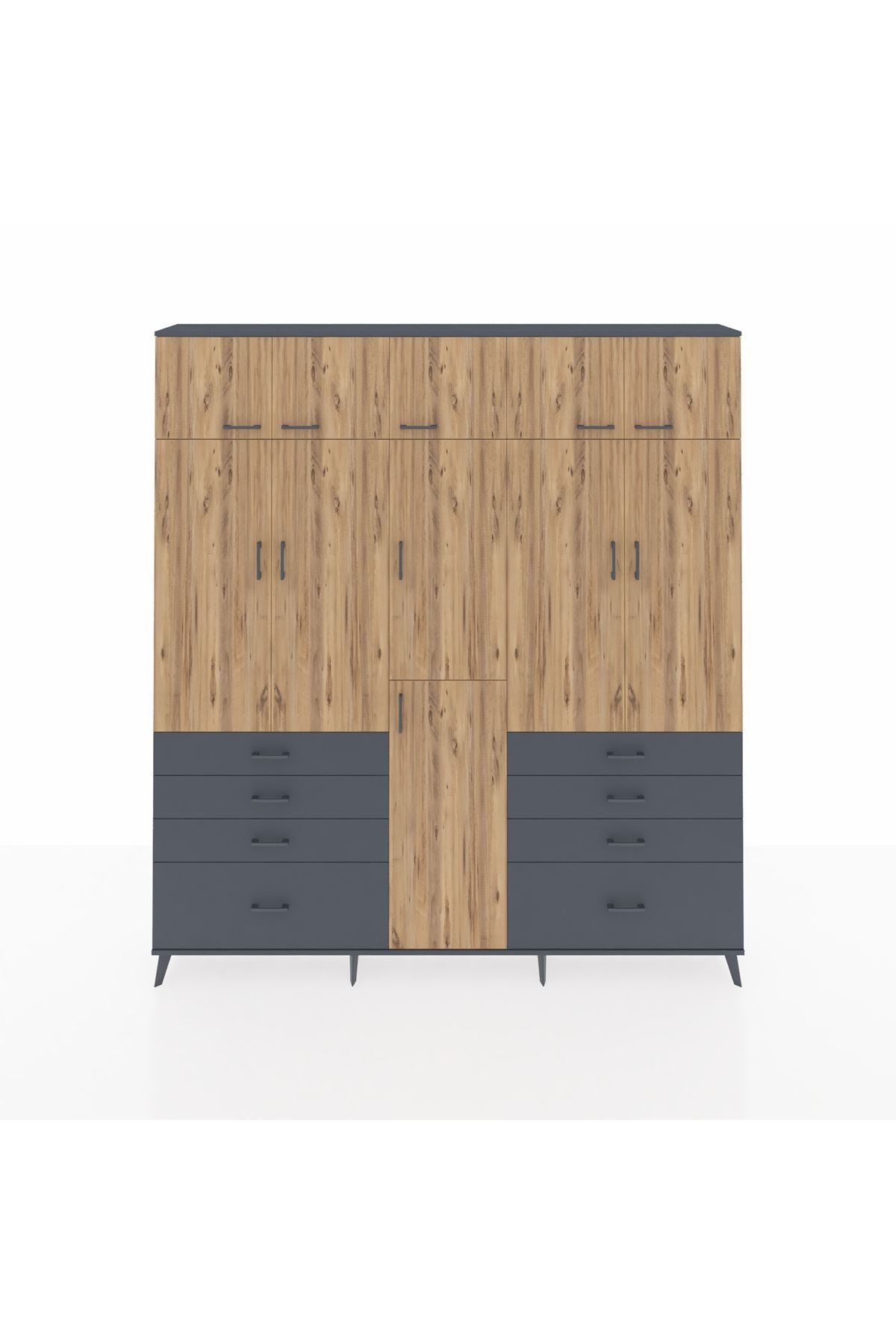 Arges Dolap 8 Raflı 8 Çekmeceli 3 Askılı 220x30x243 Antrasit-Çam/Antrasit