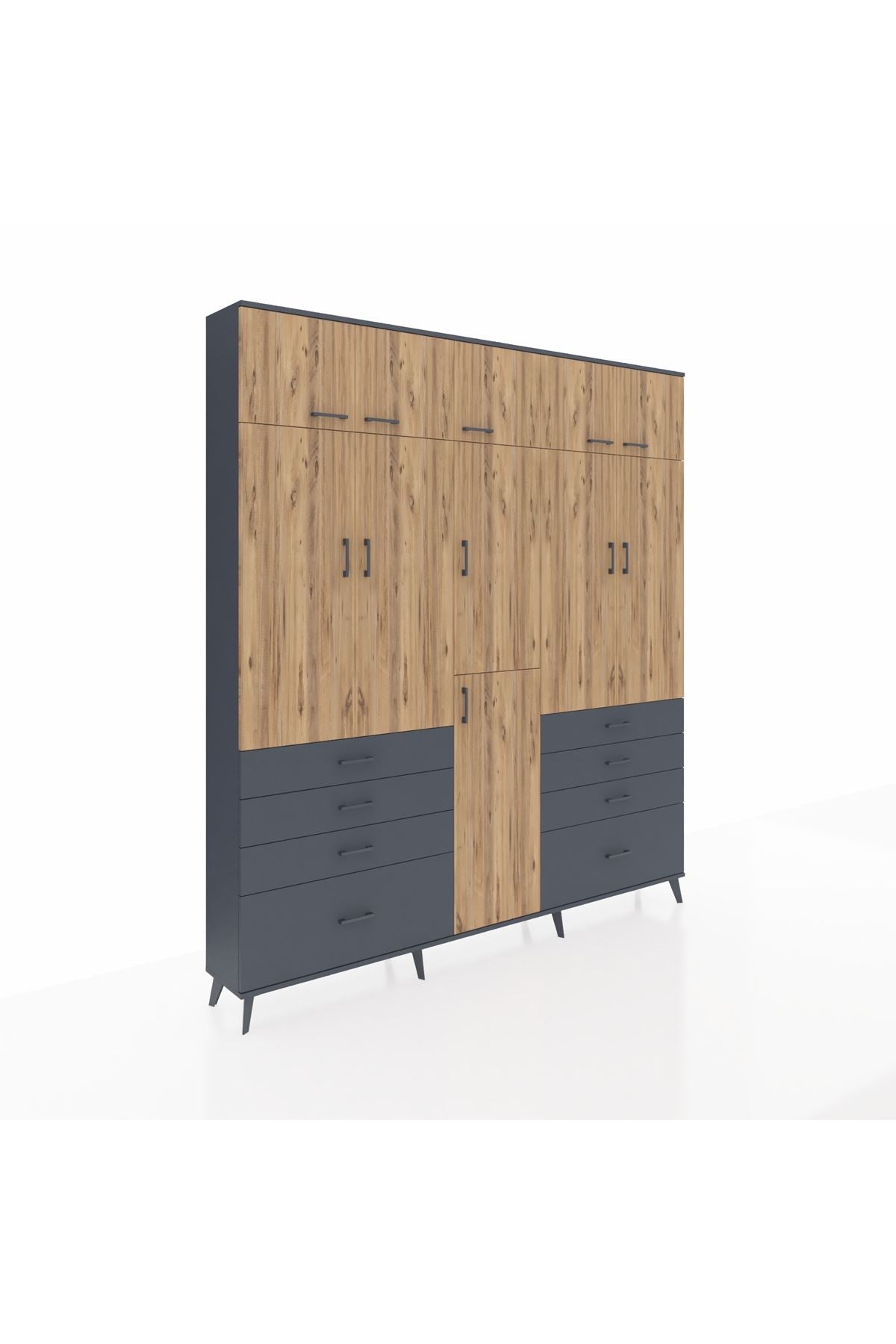 Arges Dolap 8 Raflı 8 Çekmeceli 3 Askılı 220x30x243 Antrasit-Çam/Antrasit