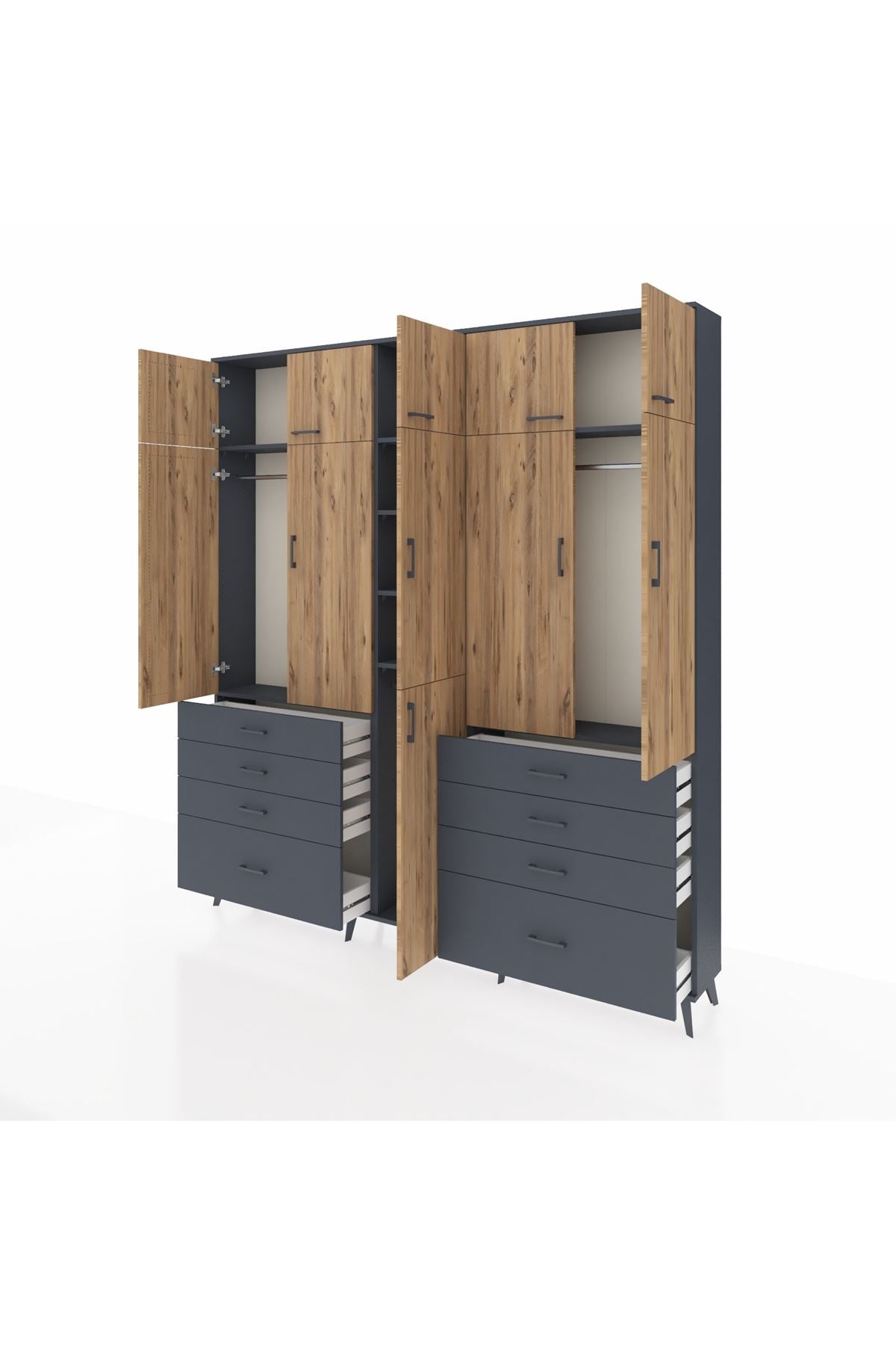 Arges Dolap 8 Raflı 8 Çekmeceli 3 Askılı 220x30x243 Antrasit-Çam/Antrasit