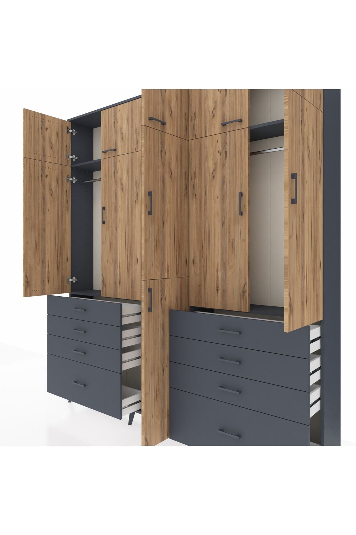 Arges Dolap 8 Raflı 8 Çekmeceli 3 Askılı 220x30x243 Antrasit-Çam/Antrasit