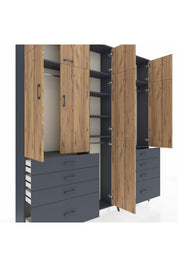 Arges Dolap 8 Raflı 8 Çekmeceli 3 Askılı 220x30x243 Antrasit-Çam/Antrasit