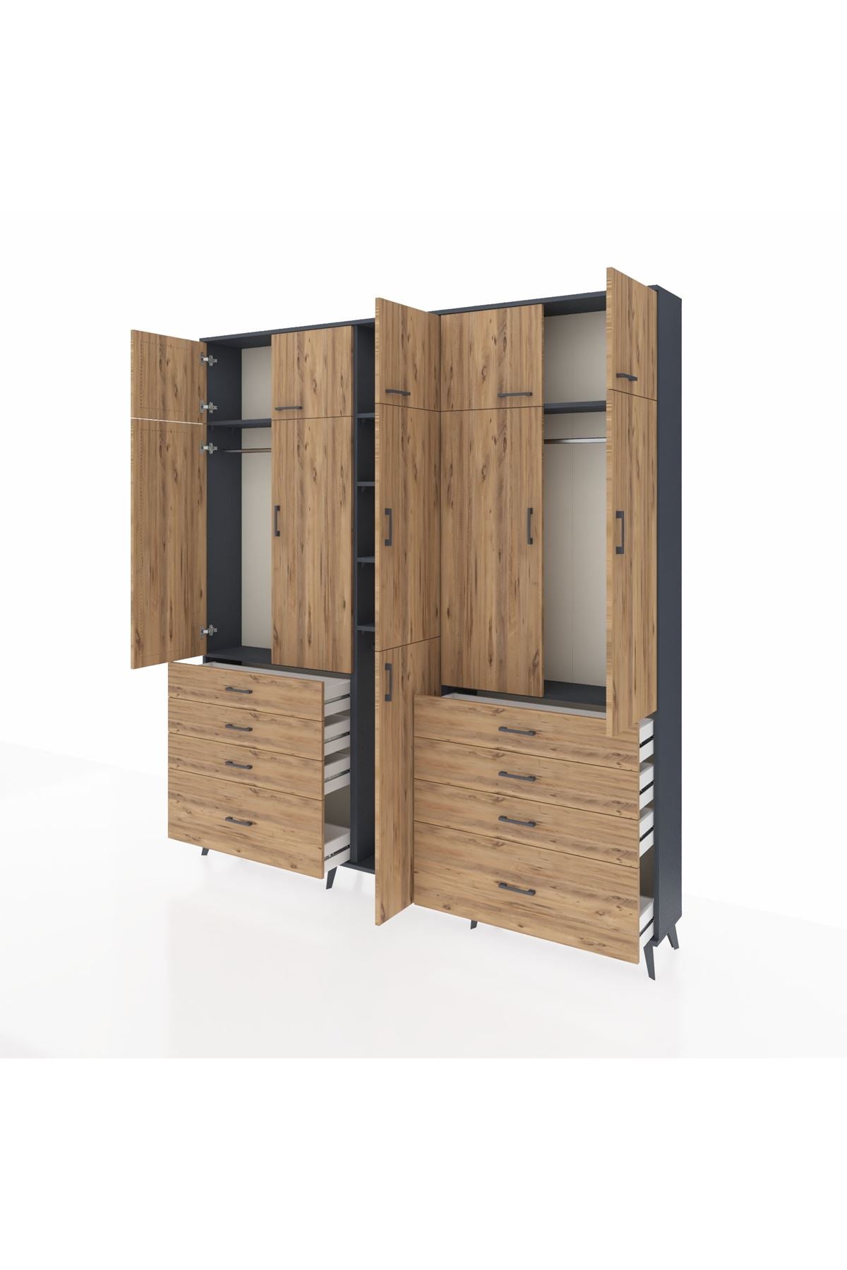 Arges Gardrop 8 Raflı 8 Çekmeceli 3 Askılı 220x30x243 Antrasit-Çam