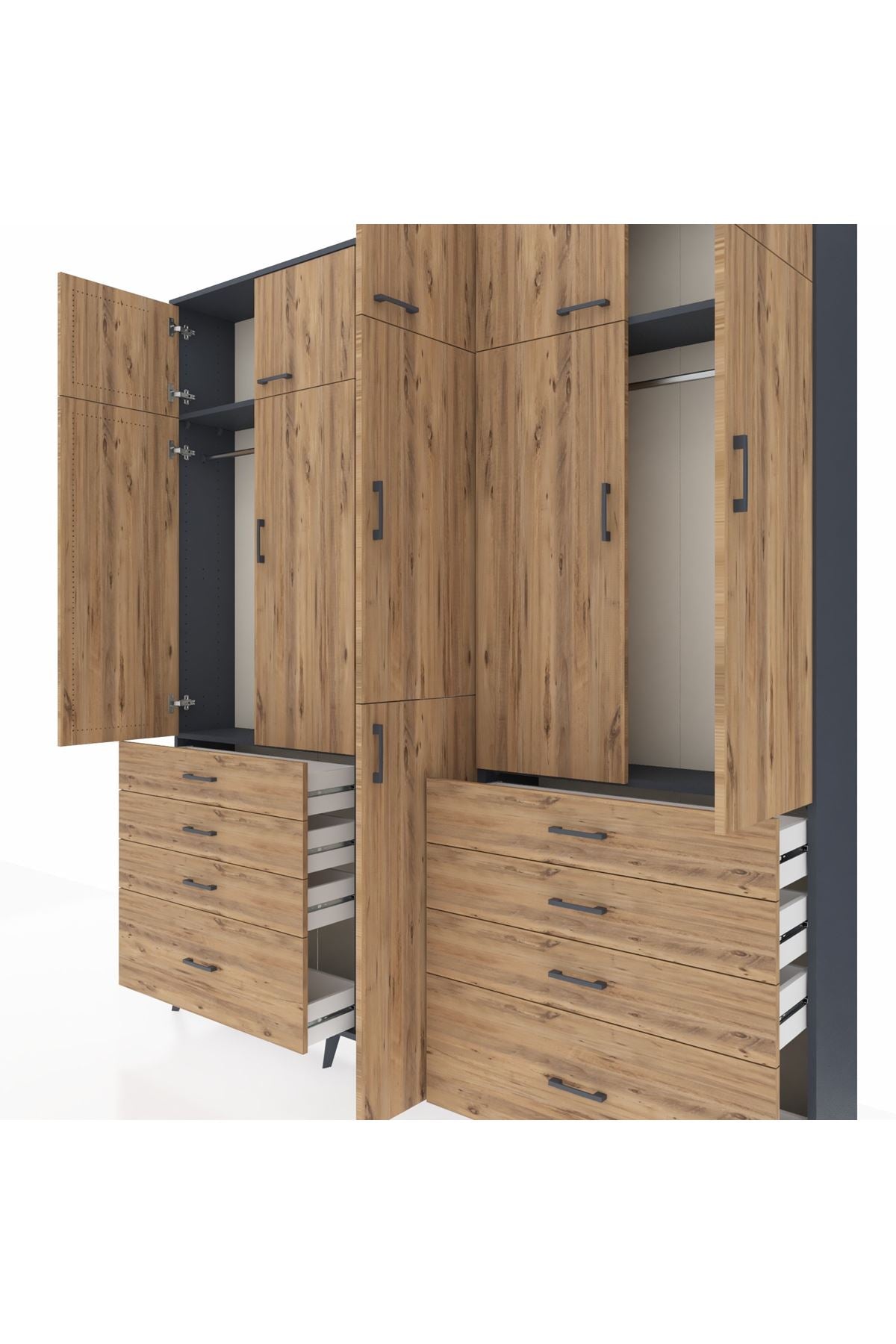 Arges Gardrop 8 Raflı 8 Çekmeceli 3 Askılı 220x30x243 Antrasit-Çam