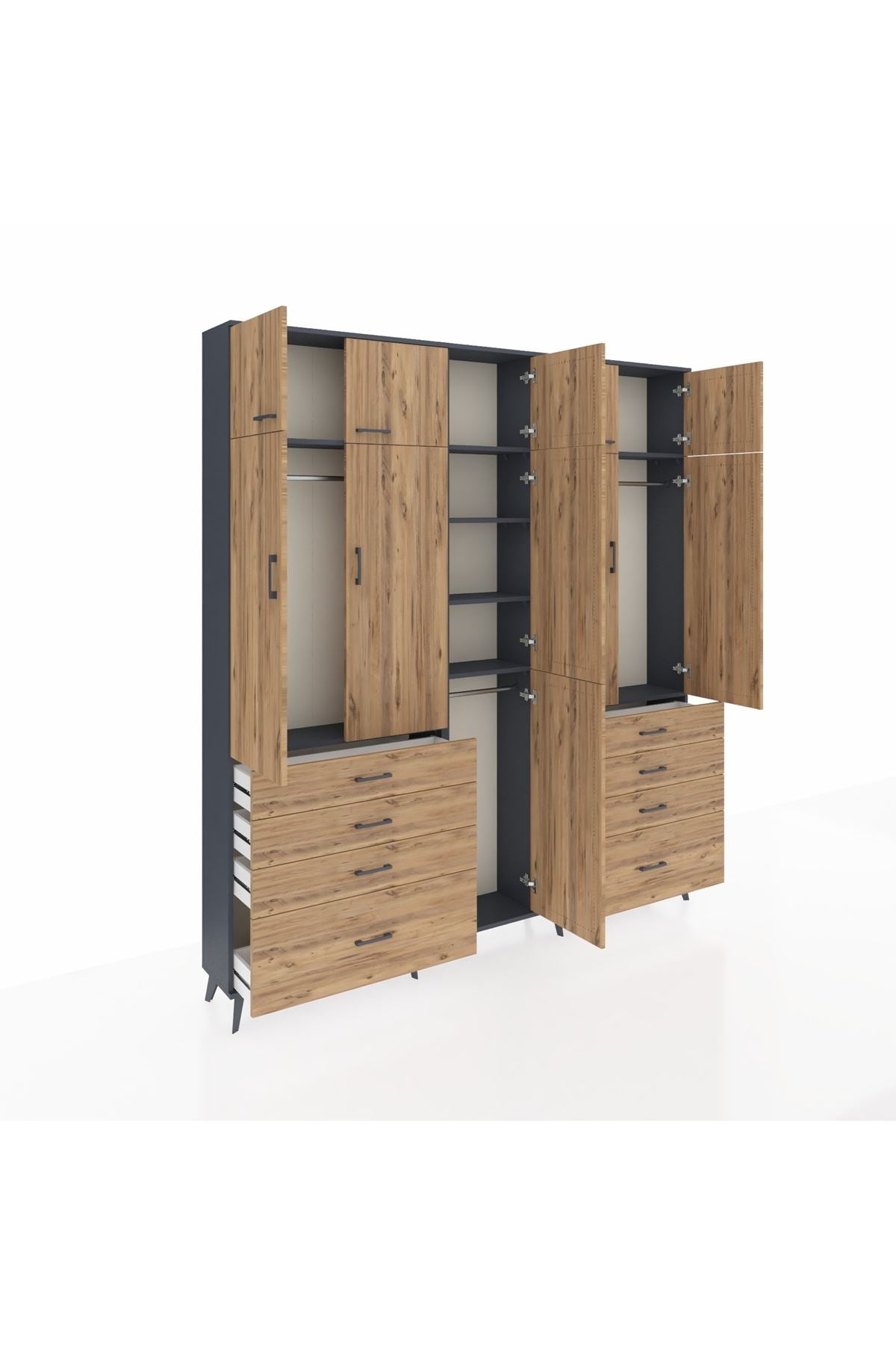 Arges Gardrop 8 Raflı 8 Çekmeceli 3 Askılı 220x30x243 Antrasit-Çam