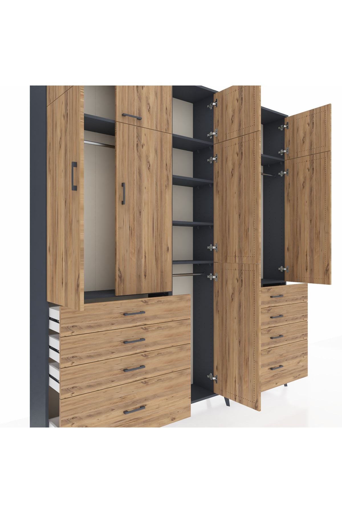 Arges Gardrop 8 Raflı 8 Çekmeceli 3 Askılı 220x30x243 Antrasit-Çam