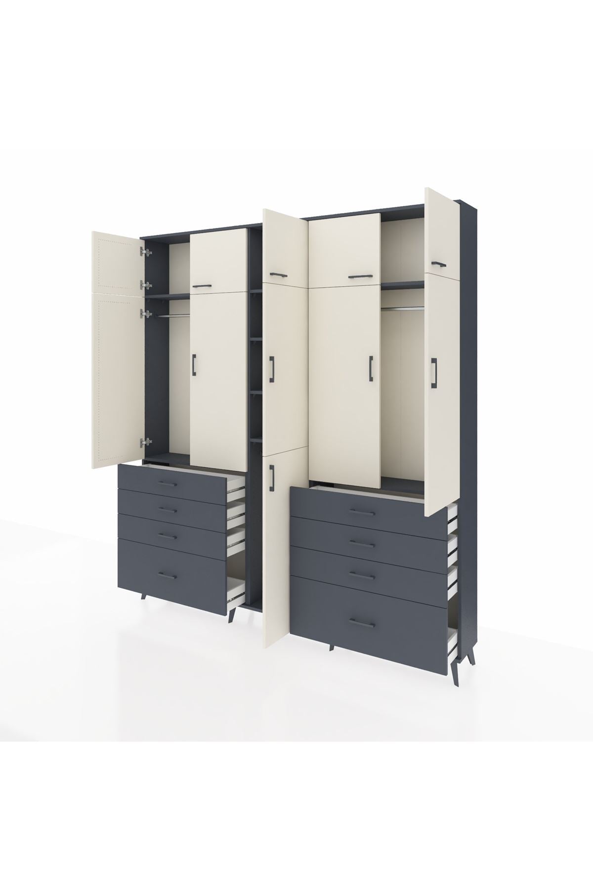 Arges Dolap 8 Raflı 8 Çekmeceli 3 Askılı 220x30x243 Antrasit-Aytaşı/Antrasit