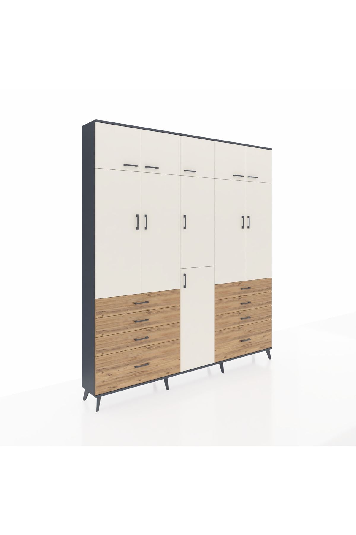 Arges Dolap 8 Raflı 8 Çekmeceli 3 Askılı 220x30x243 Antrasit-Aytaşı/Çam