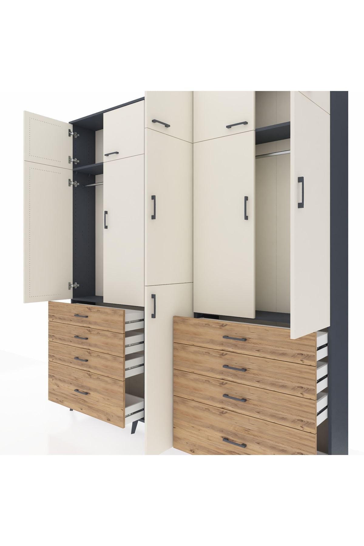 Arges Dolap 8 Raflı 8 Çekmeceli 3 Askılı 220x30x243 Antrasit-Aytaşı/Çam