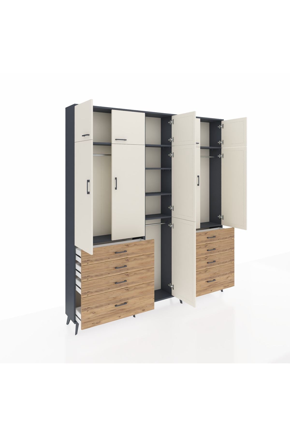 Arges Dolap 8 Raflı 8 Çekmeceli 3 Askılı 220x30x243 Antrasit-Aytaşı/Çam