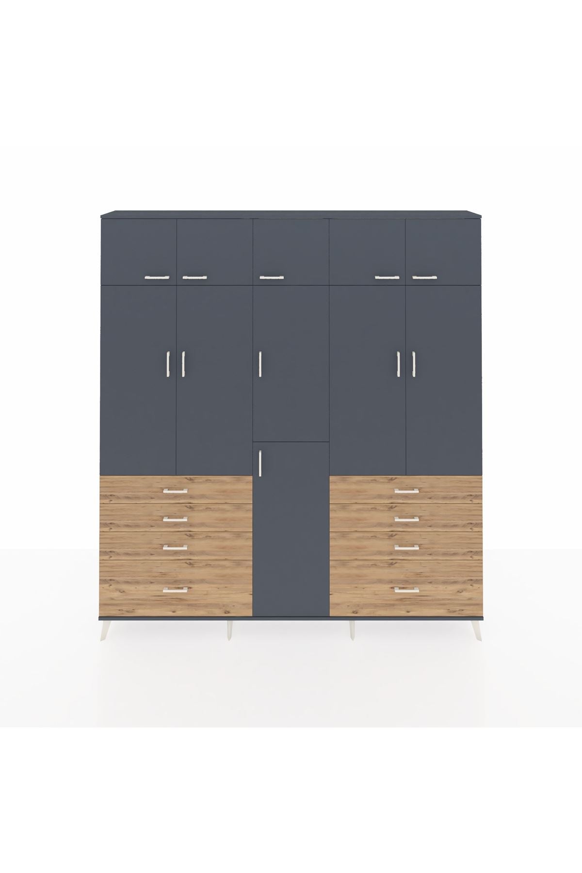 Arges Dolap 8 Raflı 8 Çekmeceli 3 Askılı 220x30x243 Antrasit-Antrasit/Çam