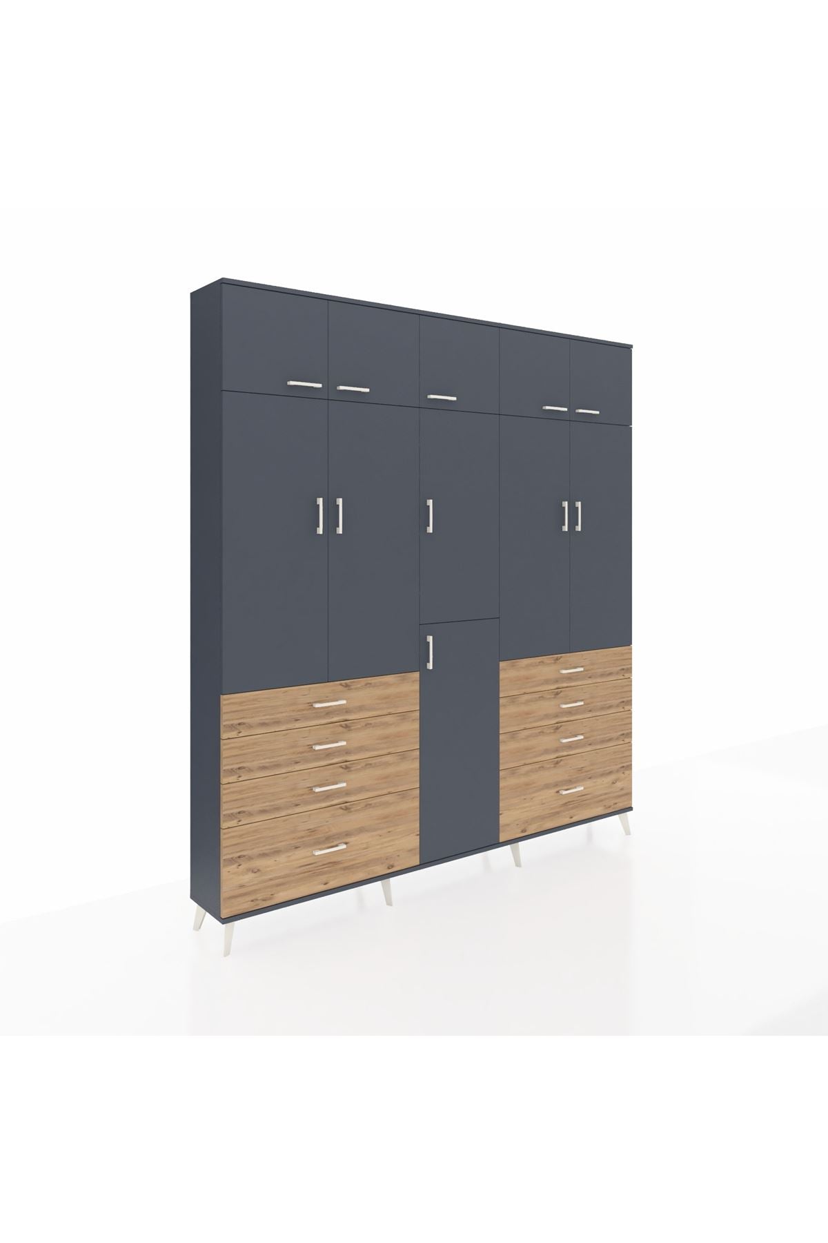 Arges Dolap 8 Raflı 8 Çekmeceli 3 Askılı 220x30x243 Antrasit-Antrasit/Çam