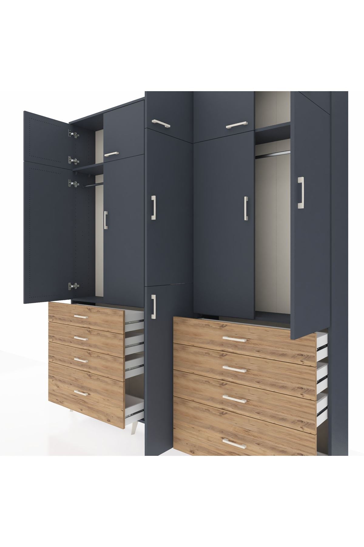 Arges Dolap 8 Raflı 8 Çekmeceli 3 Askılı 220x30x243 Antrasit-Antrasit/Çam