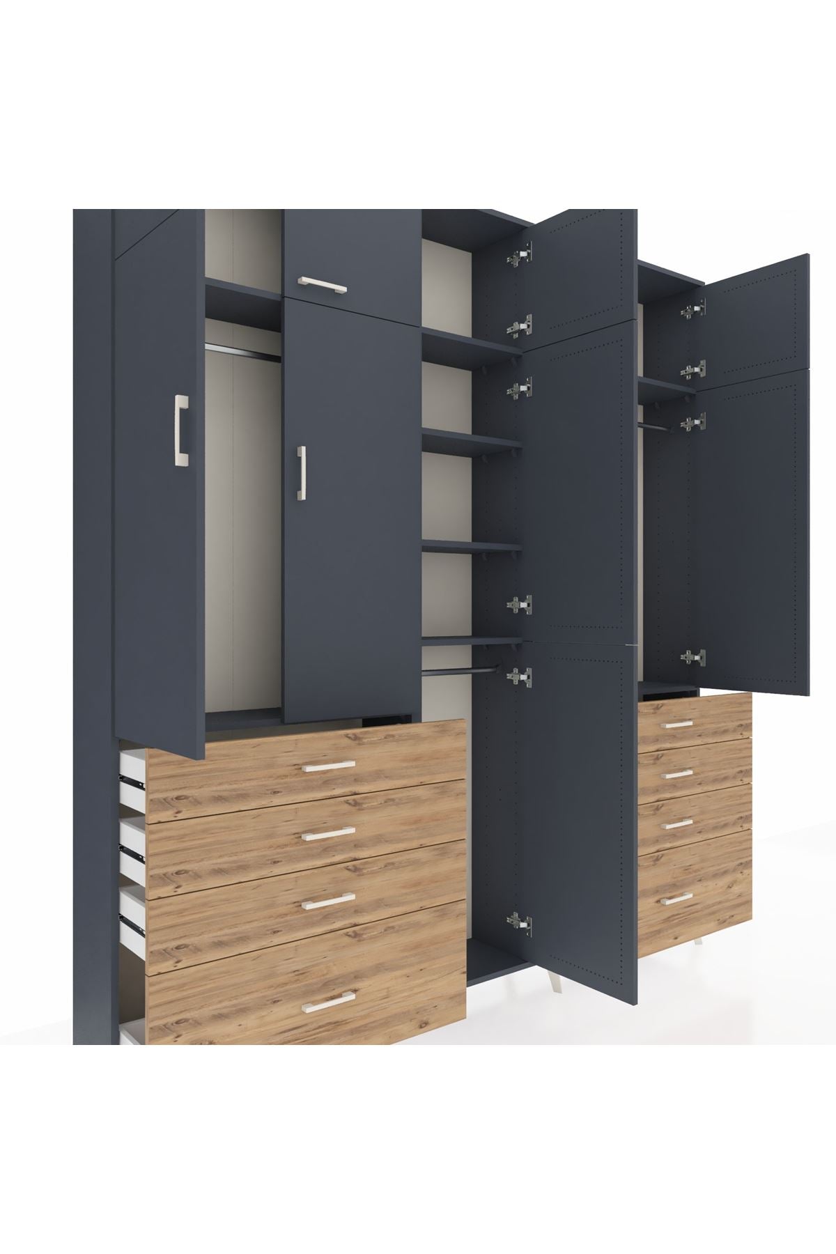 Arges Dolap 8 Raflı 8 Çekmeceli 3 Askılı 220x30x243 Antrasit-Antrasit/Çam