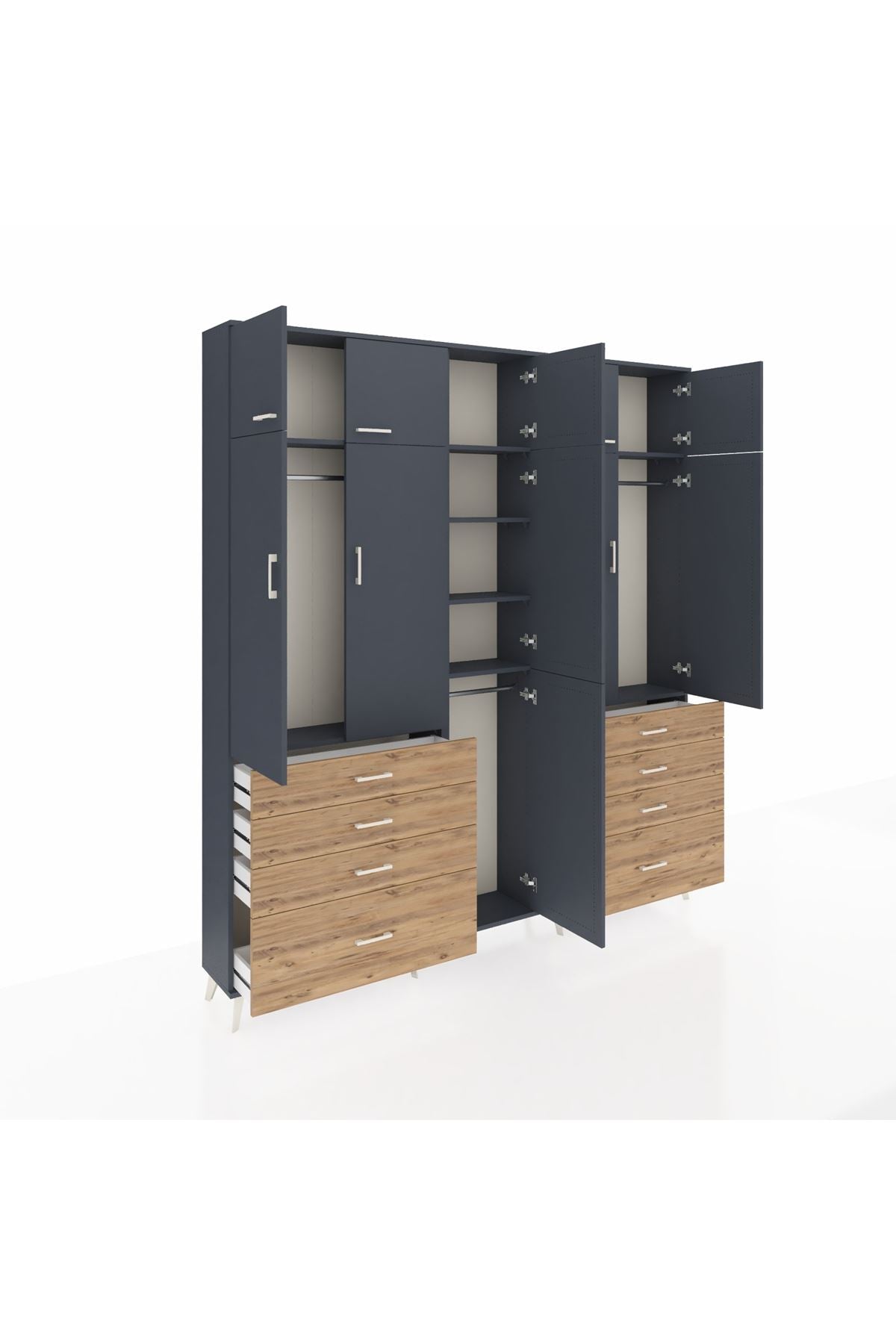 Arges Dolap 8 Raflı 8 Çekmeceli 3 Askılı 220x30x243 Antrasit-Antrasit/Çam