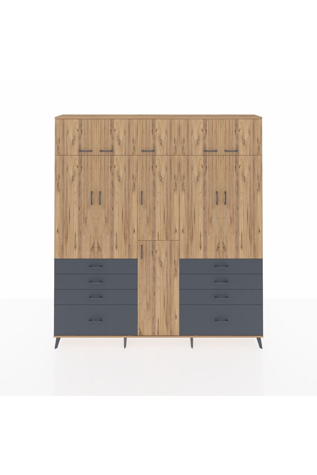 Arges Dolap 8 Raflı 8 Çekmeceli 3 Askılı 220x30x243 Çam-Çam/Antrasit