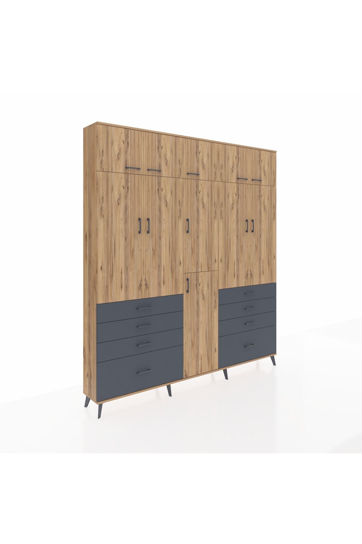 Arges Dolap 8 Raflı 8 Çekmeceli 3 Askılı 220x30x243 Çam-Çam/Antrasit
