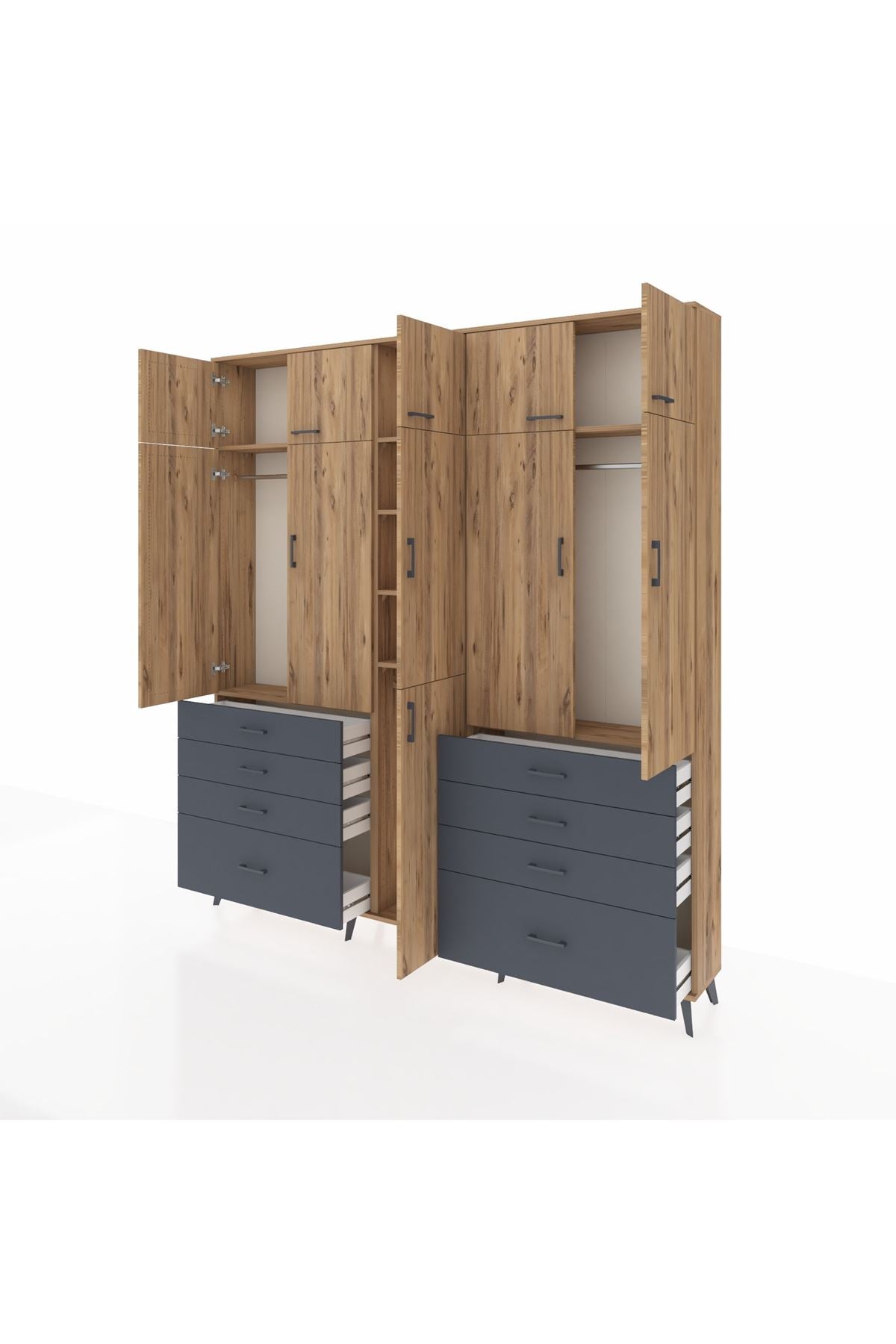 Arges Dolap 8 Raflı 8 Çekmeceli 3 Askılı 220x30x243 Çam-Çam/Antrasit