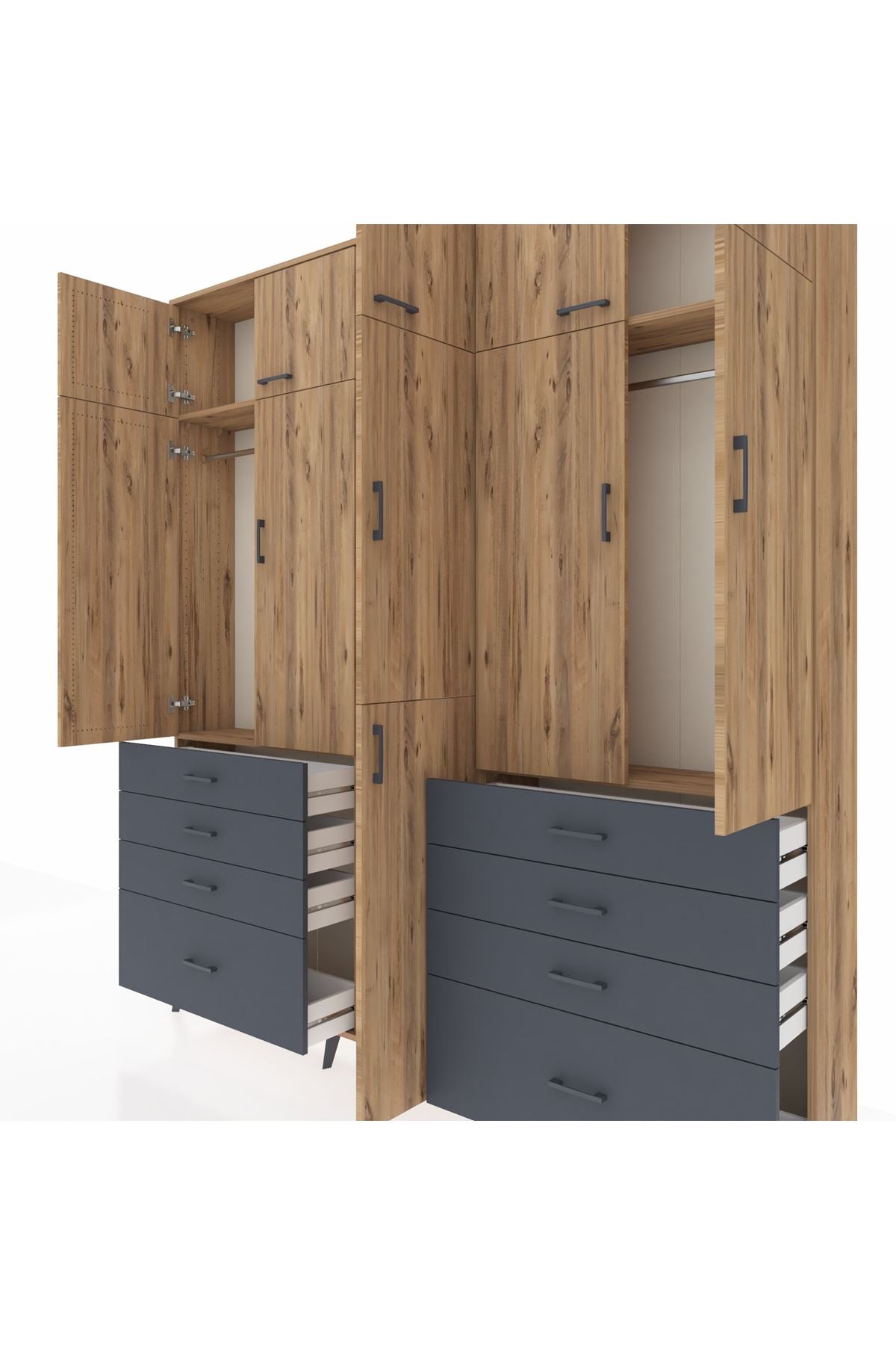 Arges Dolap 8 Raflı 8 Çekmeceli 3 Askılı 220x30x243 Çam-Çam/Antrasit