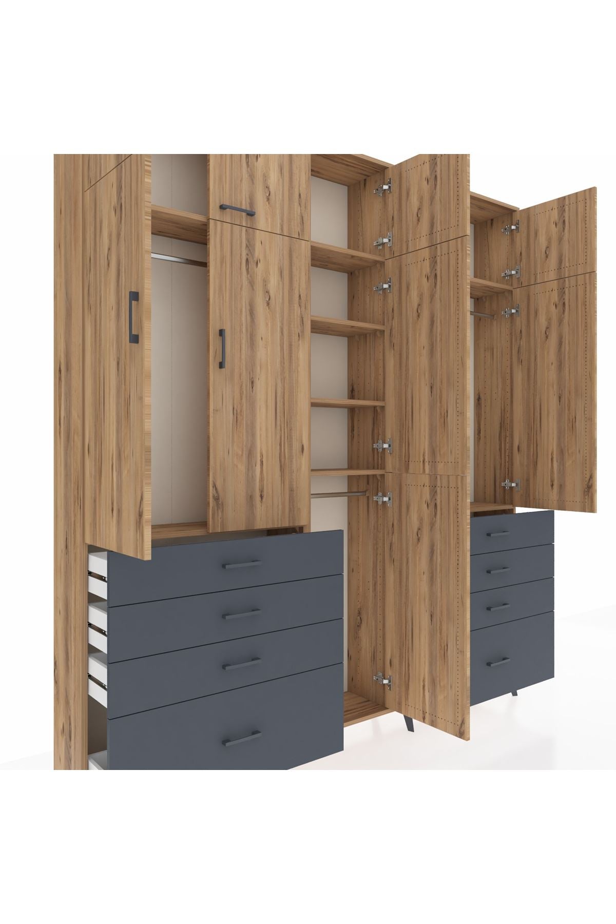 Arges Dolap 8 Raflı 8 Çekmeceli 3 Askılı 220x30x243 Çam-Çam/Antrasit