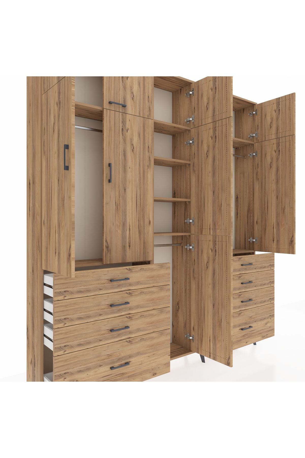 Arges Gardrop 8 Raflı 8 Çekmeceli 3 Askılı 220x30x243 Çam-Çam