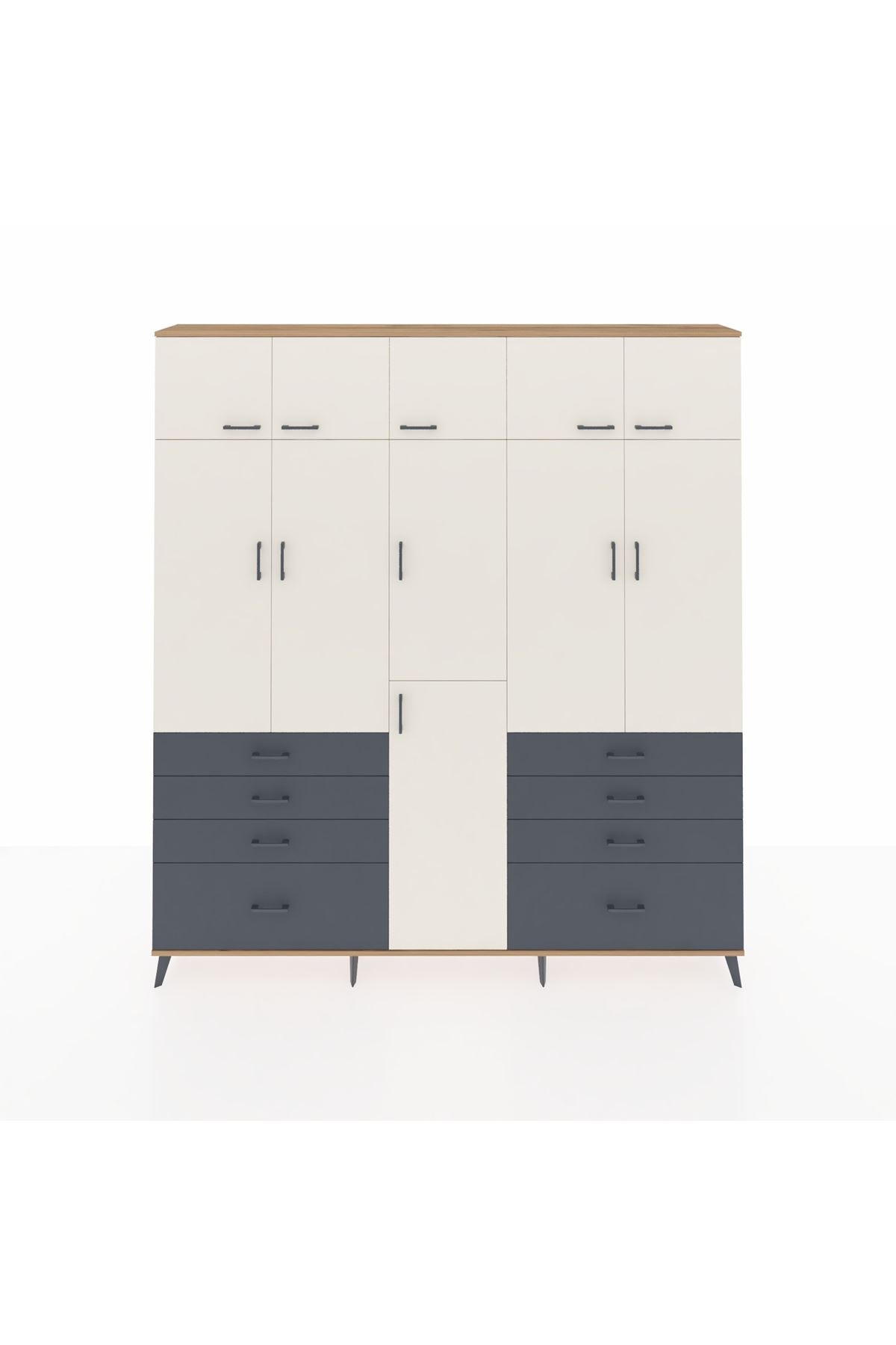 Arges Dolap 8 Raflı 8 Çekmeceli 3 Askılı 220x30x243 Çam-Aytaşı/Antrasit